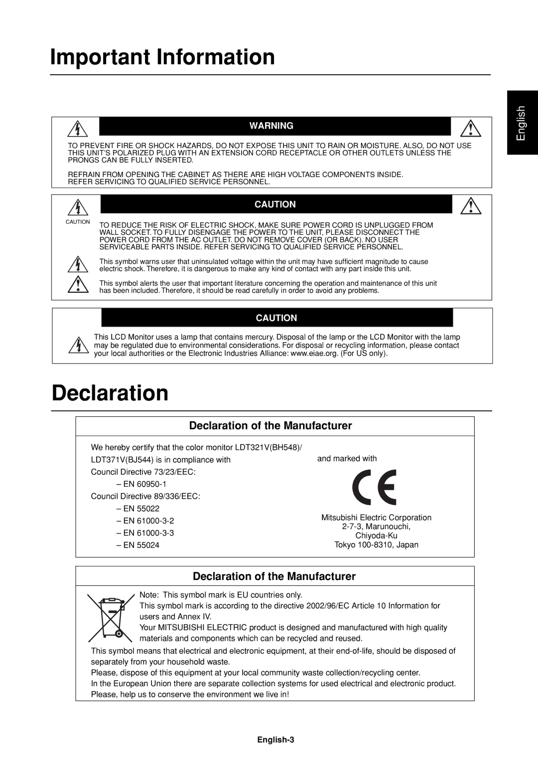 Mitsubishi Electronics LDT37IV (BH544), LDT32IV (BH548) manual Declaration of the Manufacturer, English-3 