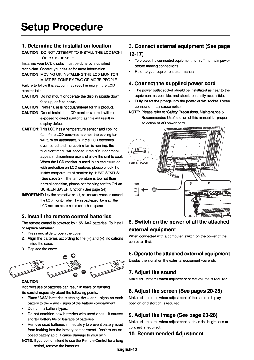 Mitsubishi Electronics LDT32IV (BH548) manual Setup Procedure, Determine the installation location, Adjust the sound 
