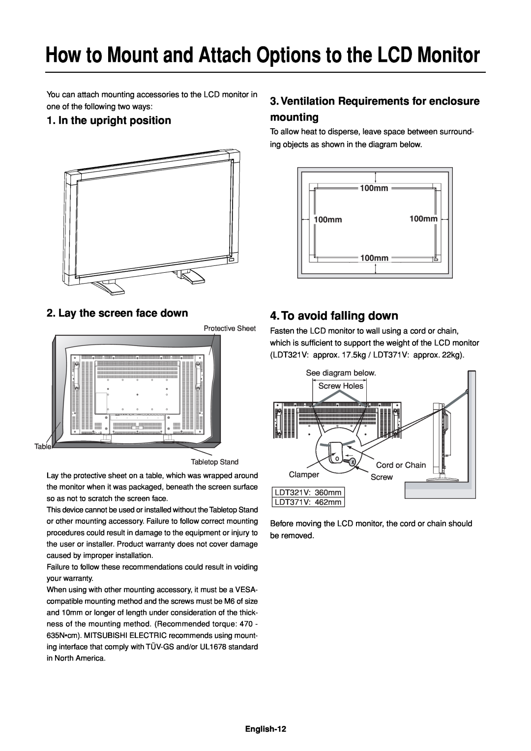 Mitsubishi Electronics LDT32IV (BH548) manual In the upright position 2. Lay the screen face down, To avoid falling down 