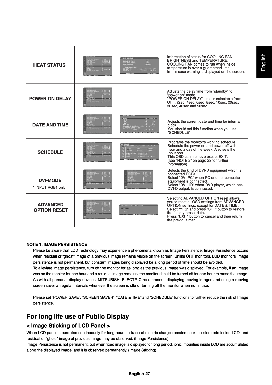 Mitsubishi Electronics LDT37IV (BH544) manual For long life use of Public Display, Image Sticking of LCD Panel, English 