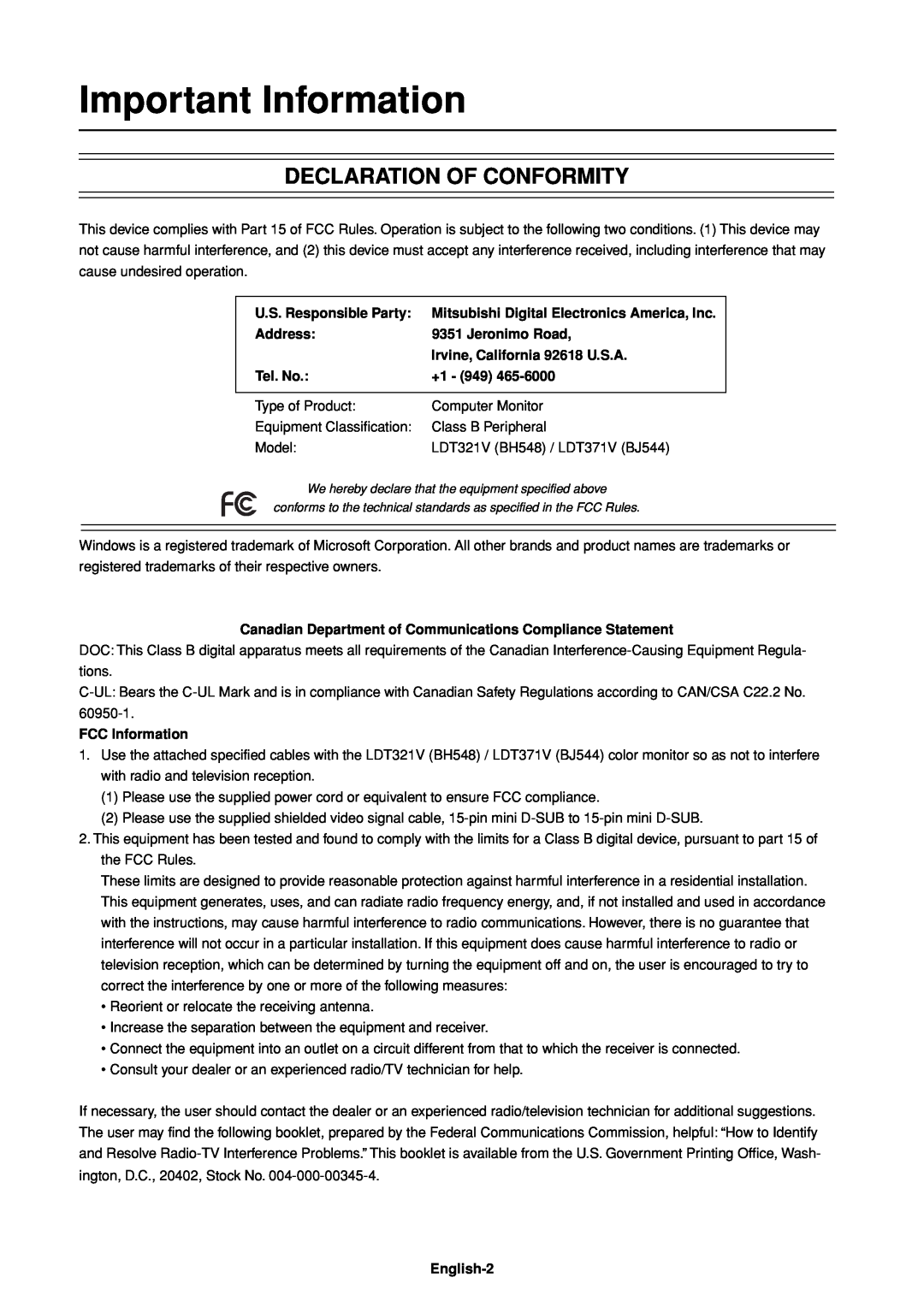 Mitsubishi Electronics LDT32IV (BH548), LDT37IV (BH544) manual Important Information, Declaration Of Conformity 