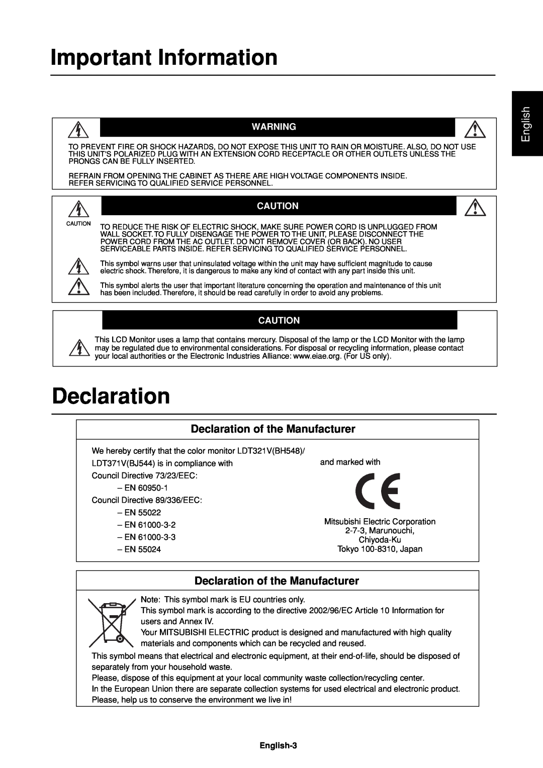 Mitsubishi Electronics LDT37IV (BH544) manual Declaration of the Manufacturer, Important Information, English 