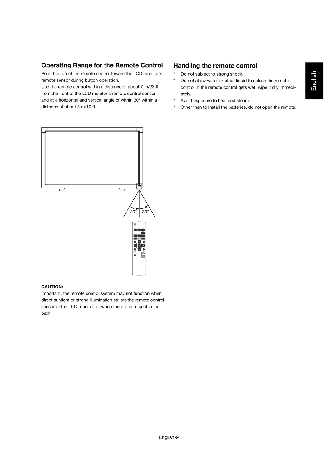 Mitsubishi Electronics LDT46IV user manual Operating Range for the Remote Control, Handling the remote control 