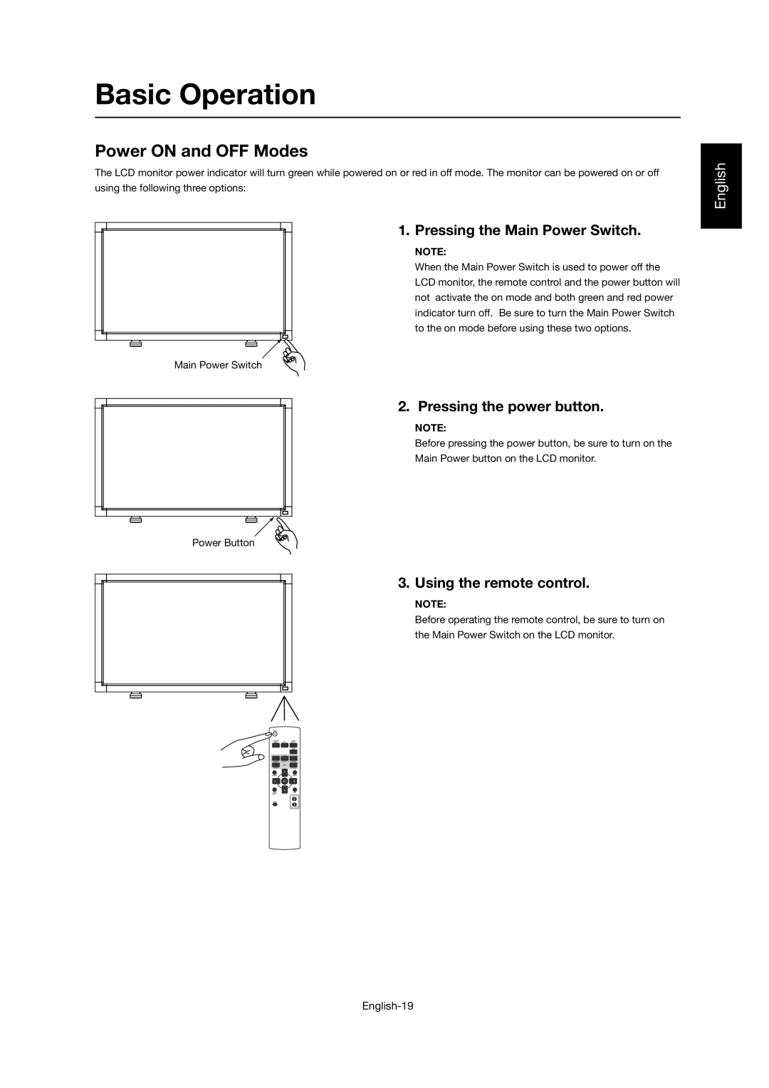 Mitsubishi Electronics LDT46IV user manual Basic Operation, Power on and OFF Modes, Pressing the Main Power Switch 