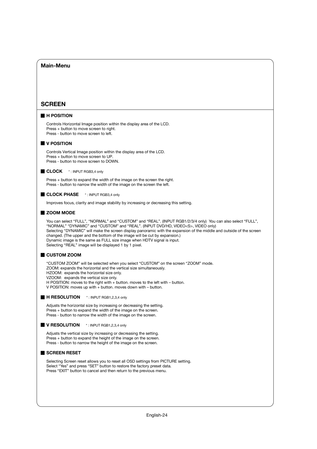 Mitsubishi Electronics LDT46IV user manual Position, Zoom Mode, Custom Zoom, Screen Reset 