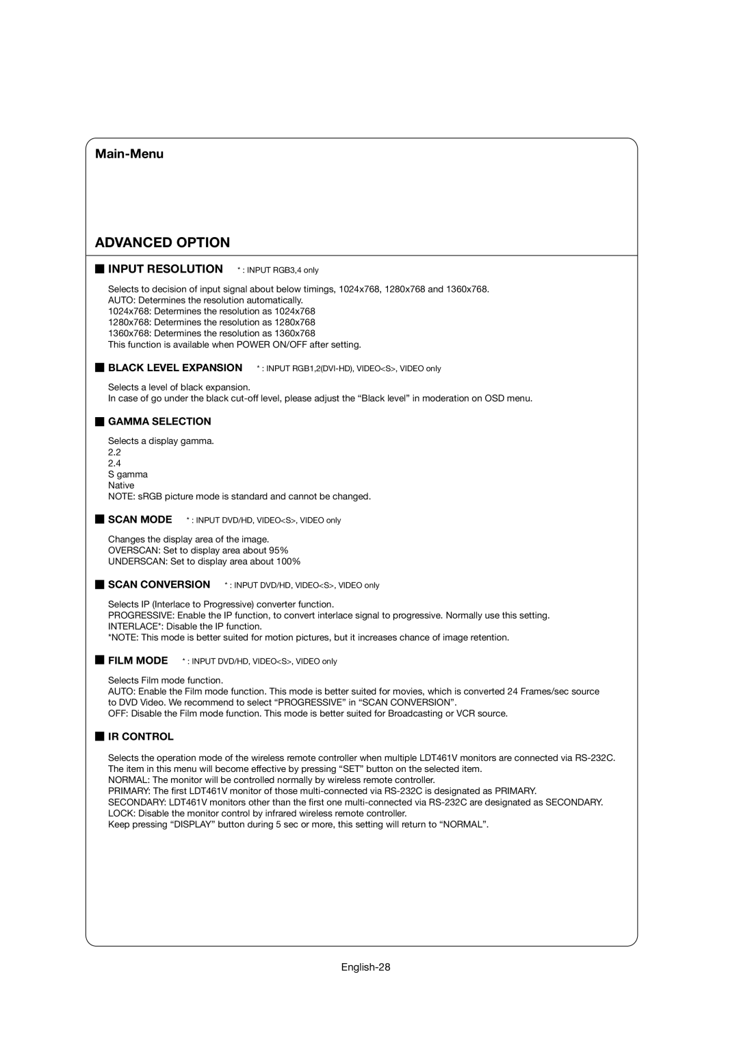 Mitsubishi Electronics LDT46IV user manual Advanced Option, Gamma Selection, IR Control 