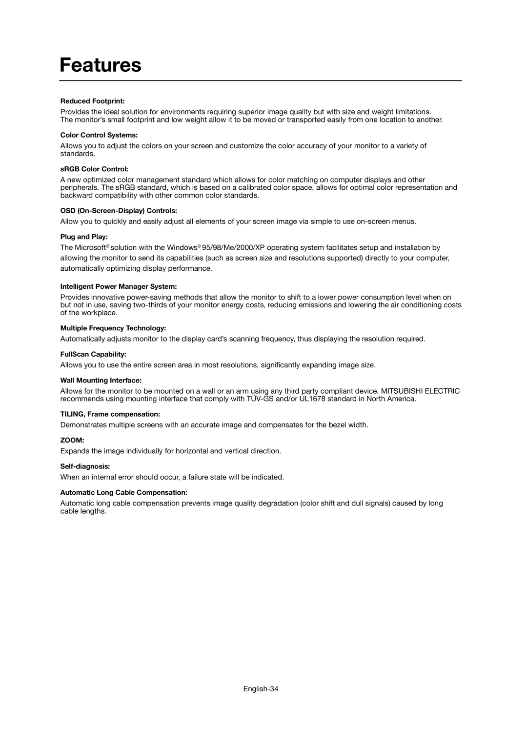 Mitsubishi Electronics LDT46IV user manual Features, Zoom 