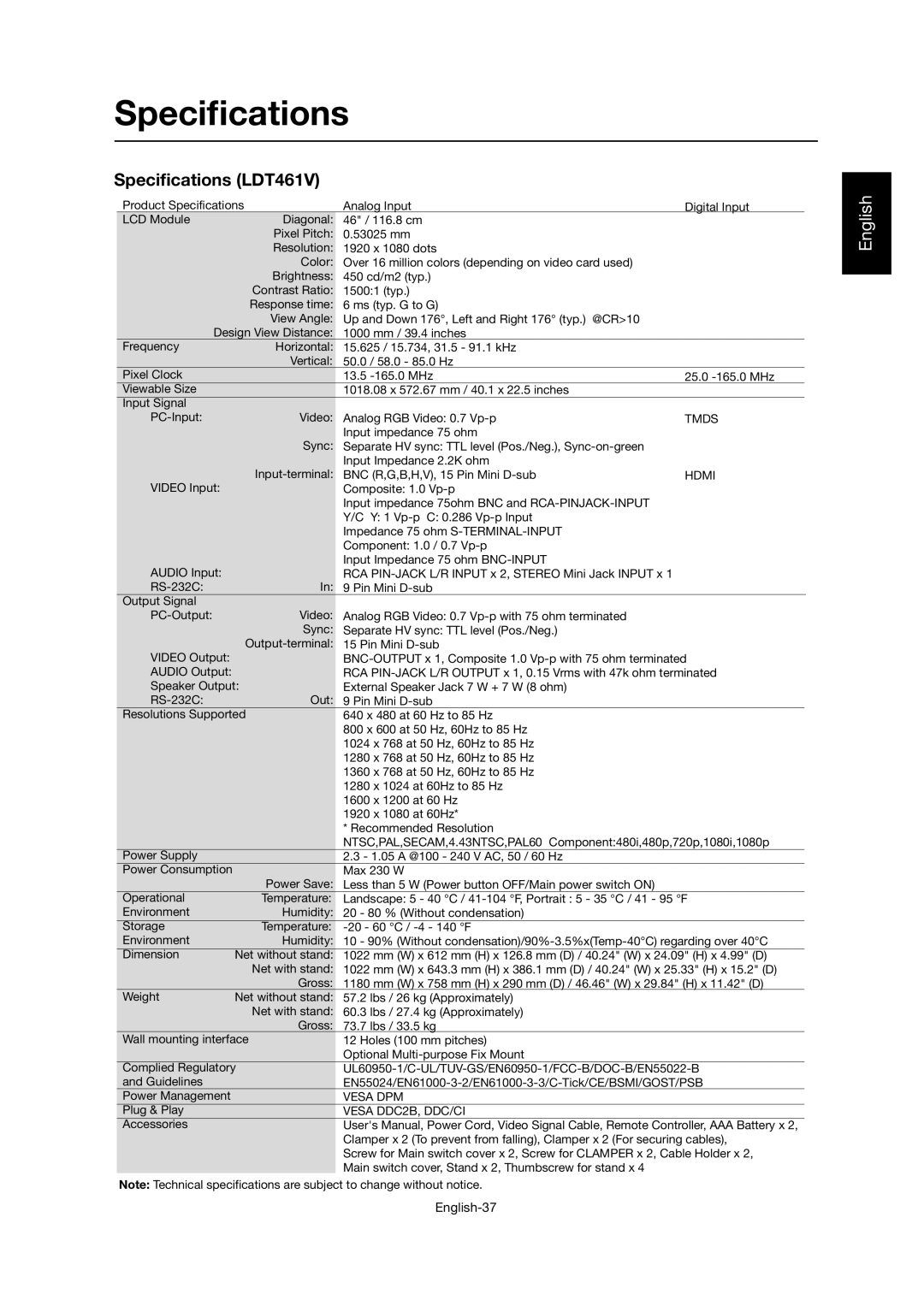 Mitsubishi Electronics LDT46IV user manual Speci Cations, Speci cations LDT461V 