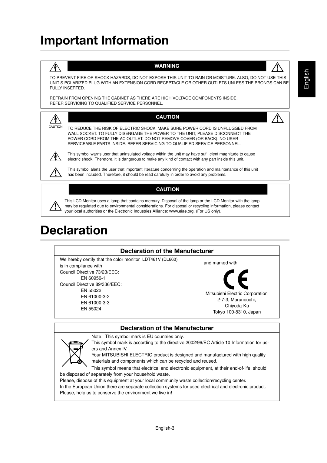 Mitsubishi Electronics LDT46IV user manual Declaration of the Manufacturer 