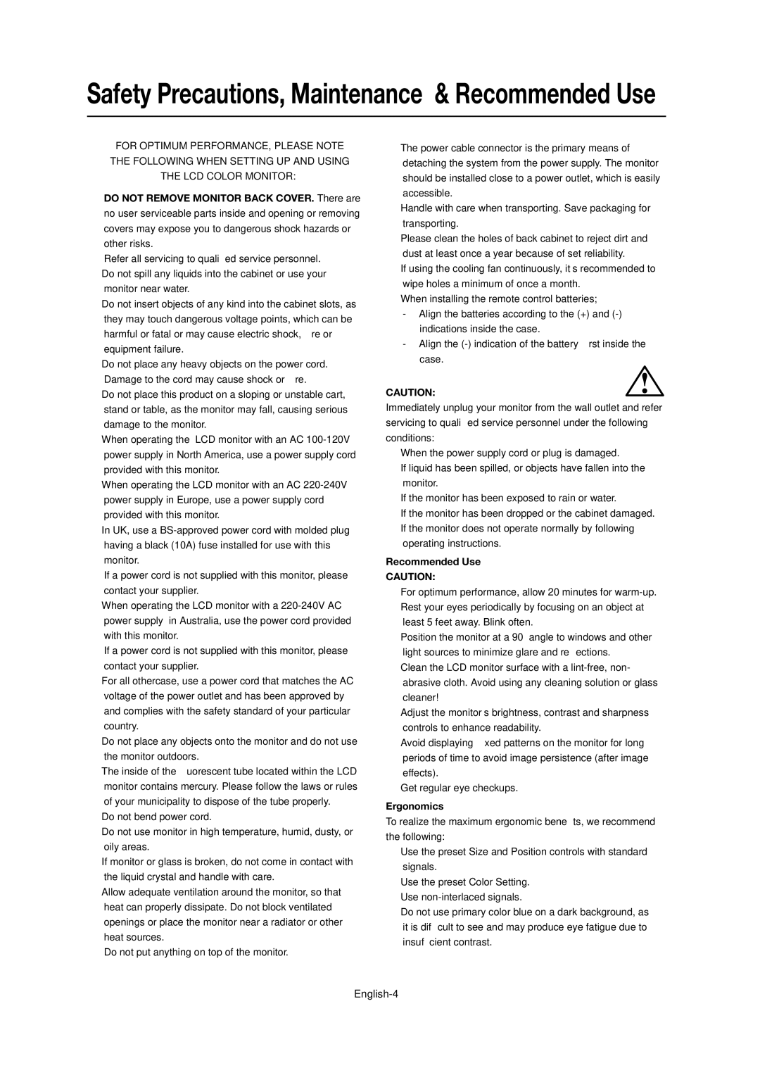 Mitsubishi Electronics LDT46IV user manual Recommended Use, Ergonomics 