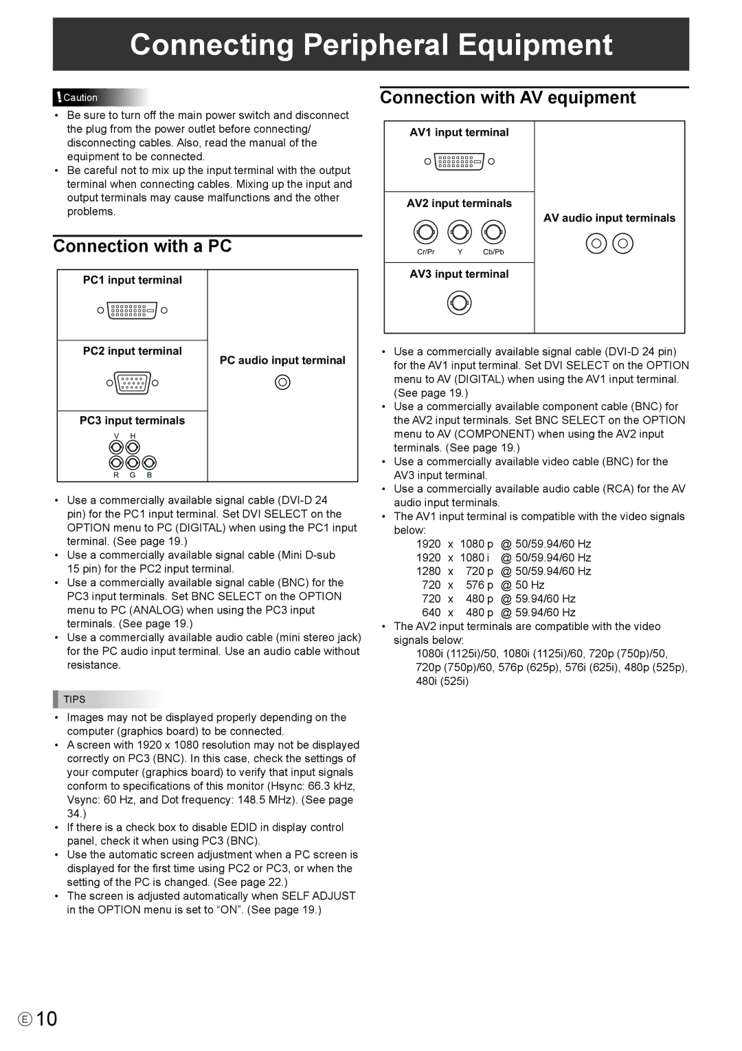 Mitsubishi Electronics LDT651P Connecting Peripheral Equipment, Connection with AV equipment, Connection with a PC 