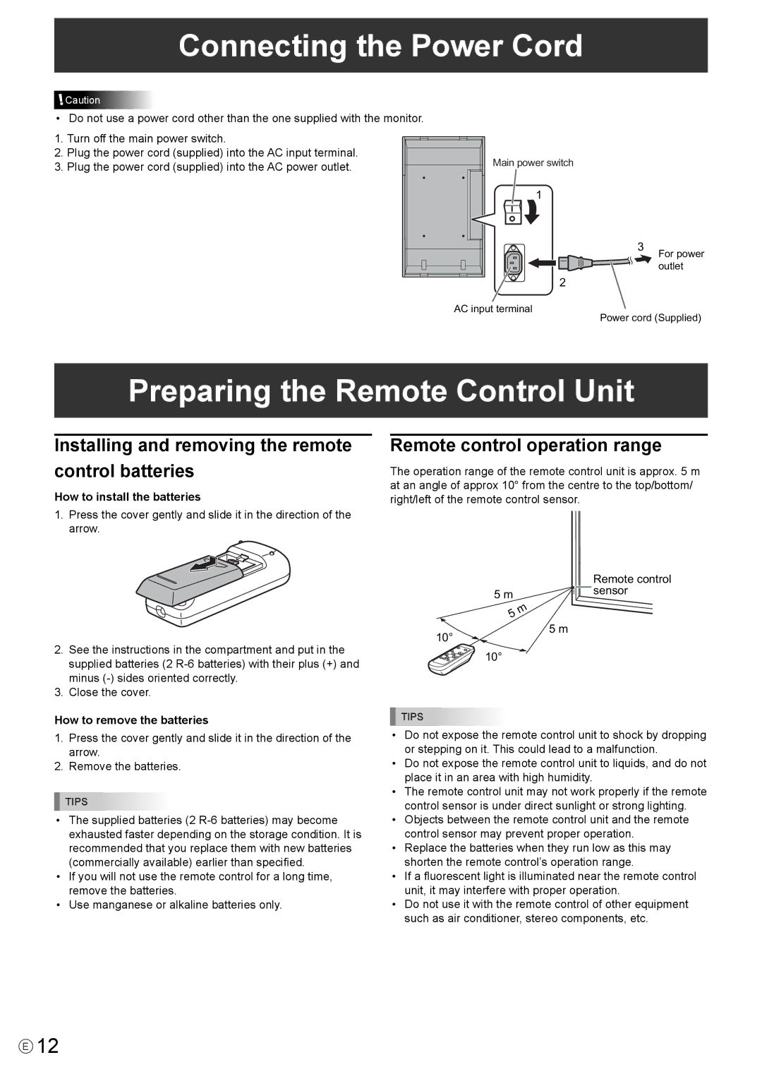 Mitsubishi Electronics LDT651P operation manual Connecting the Power Cord, Preparing the Remote Control Unit 