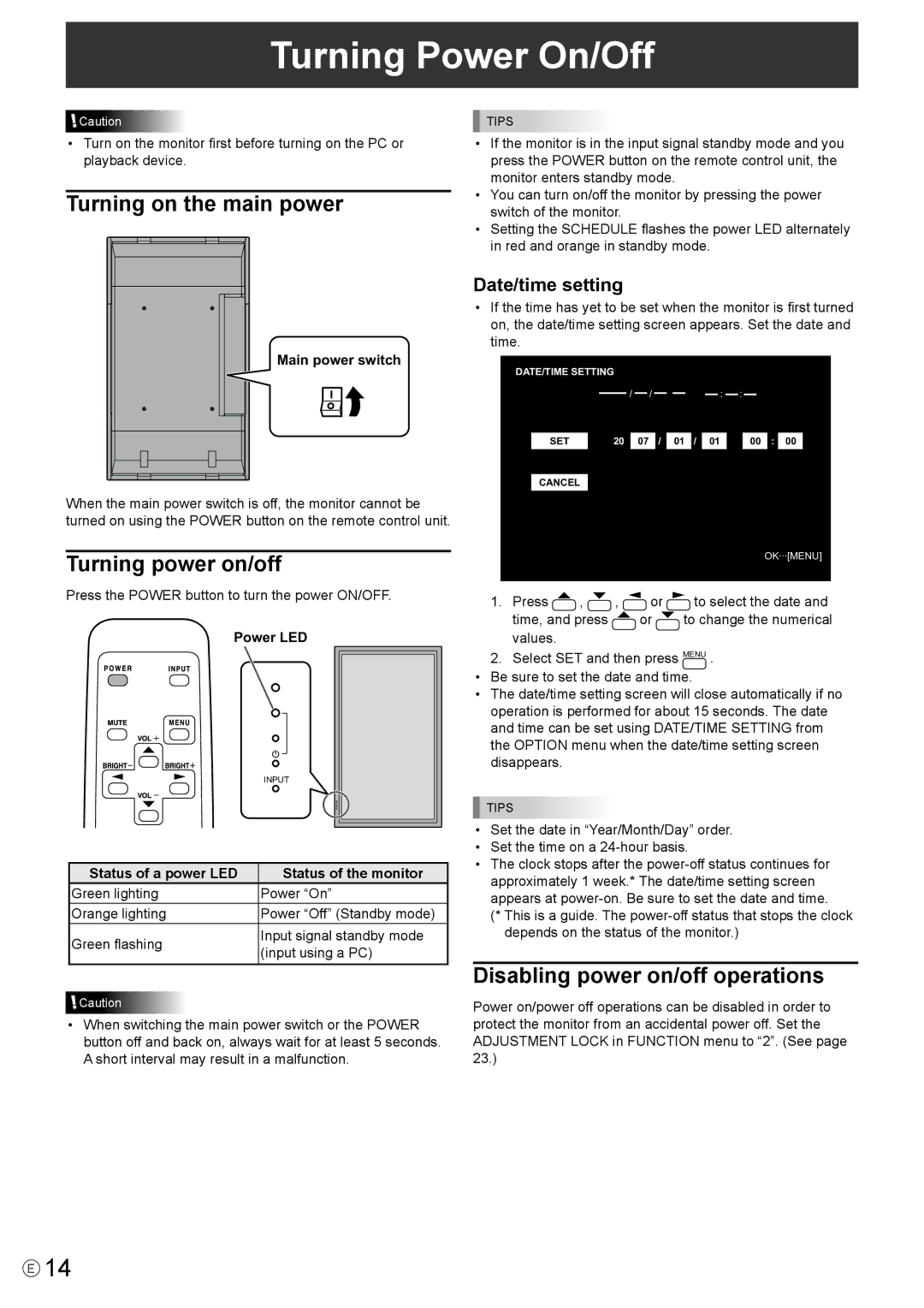 Mitsubishi Electronics LDT651P Turning Power On/Off, Turning on the main power, Turning power on/off, Date/time setting 