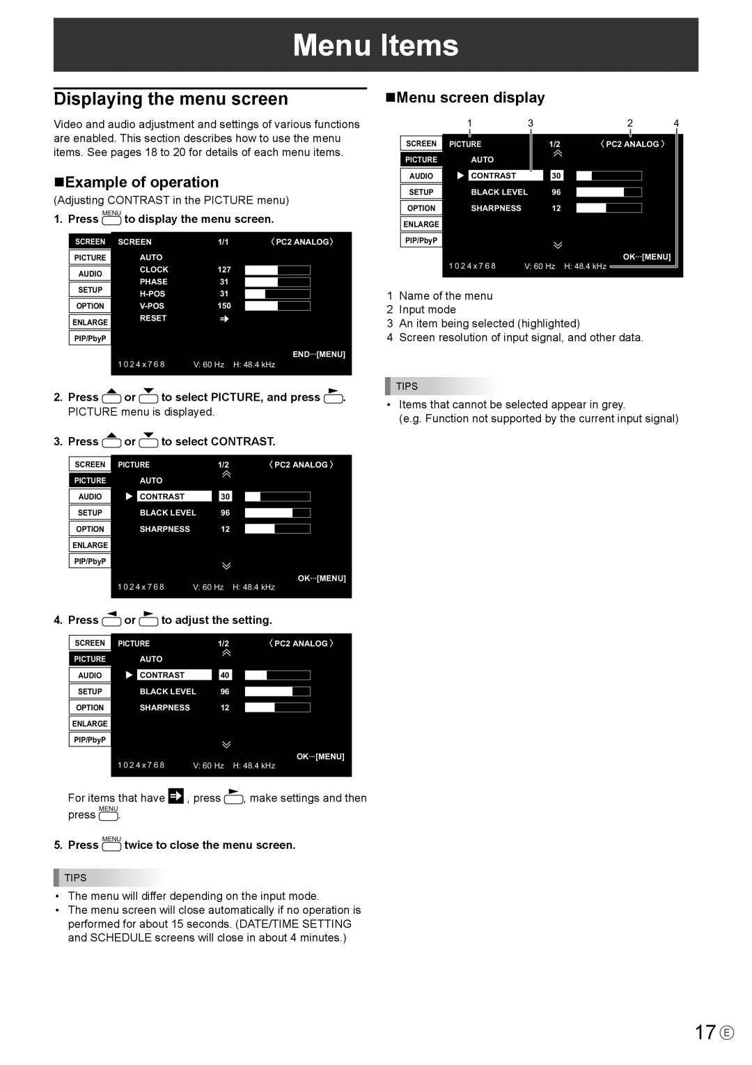 Mitsubishi Electronics LDT651P Menu Items, 17 E, Displaying the menu screen, NMenu screen display, NExample of operation 