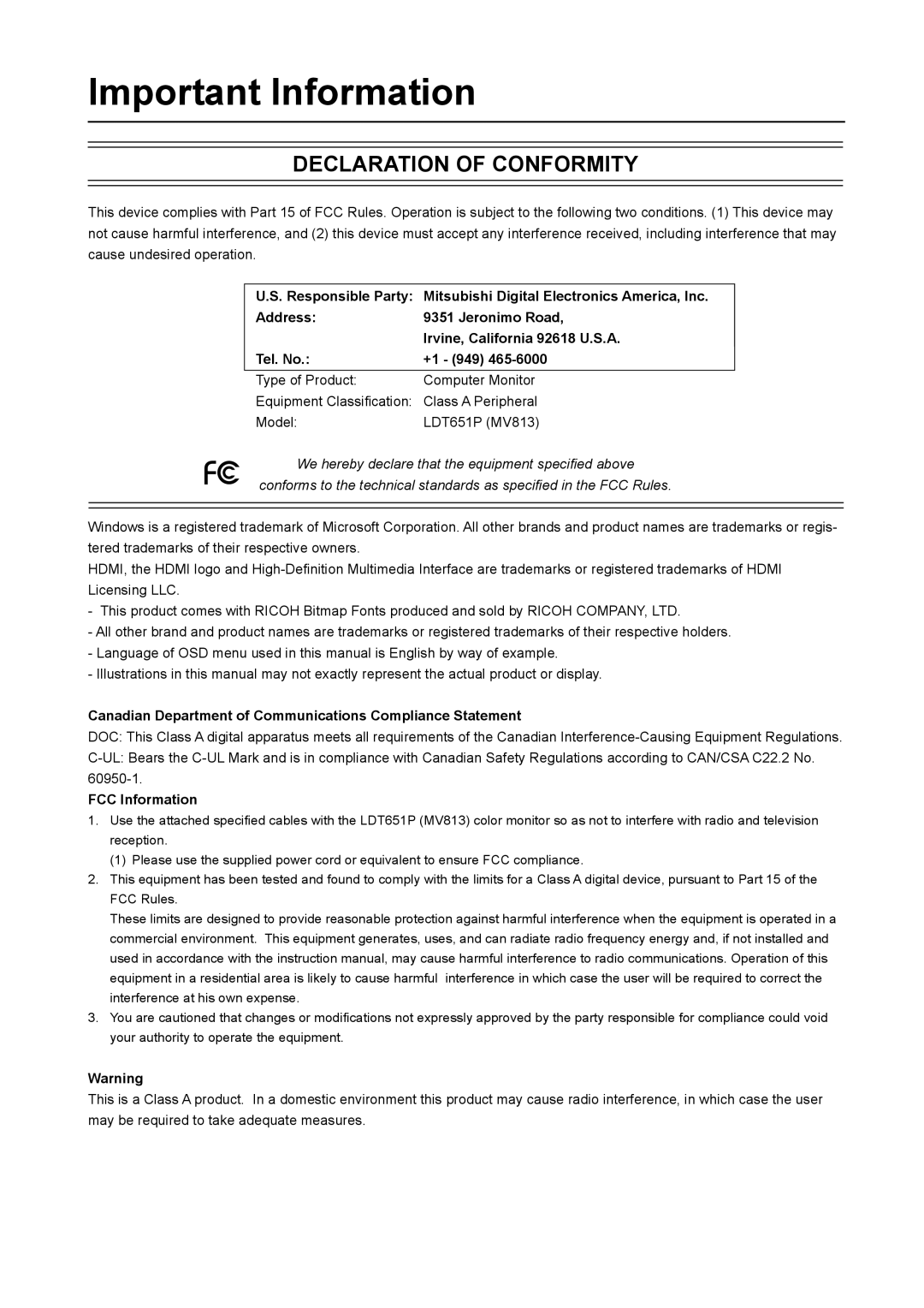 Mitsubishi Electronics LDT651P operation manual Canadian Department of Communications Compliance Statement, FCC Information 