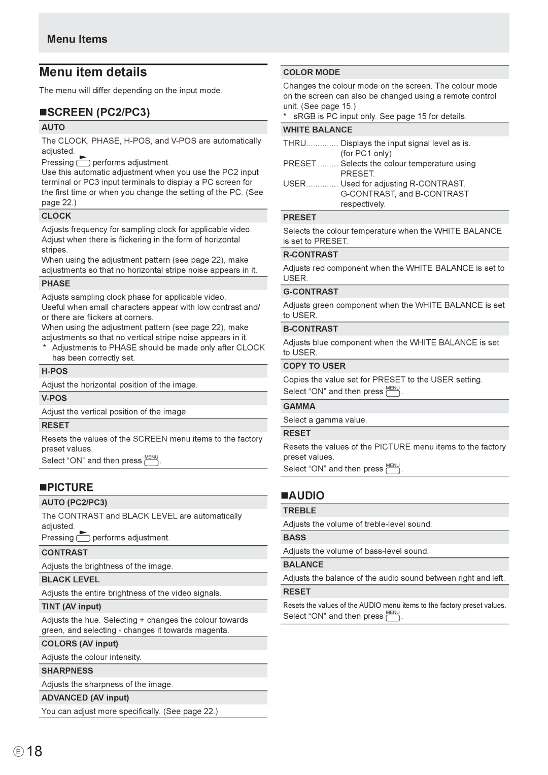 Mitsubishi Electronics LDT651P operation manual Menu item details, Menu Items, NSCREEN PC2/PC3, Npicture, Naudio 