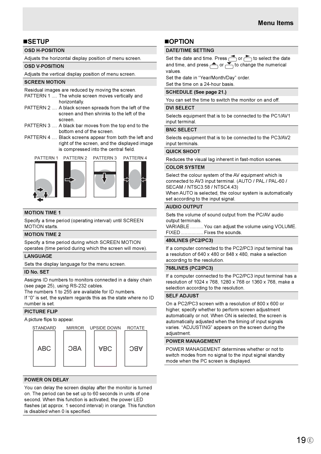 Mitsubishi Electronics LDT651P operation manual 19 E, Nsetup, Menu Items NOPTION 