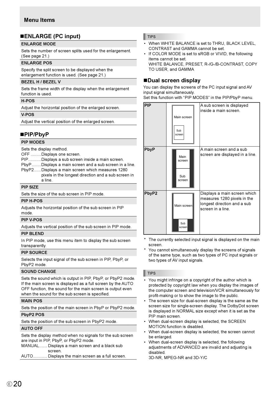 Mitsubishi Electronics LDT651P operation manual Menu Items NENLARGE PC input, NPIP/PbyP, NDual screen display 