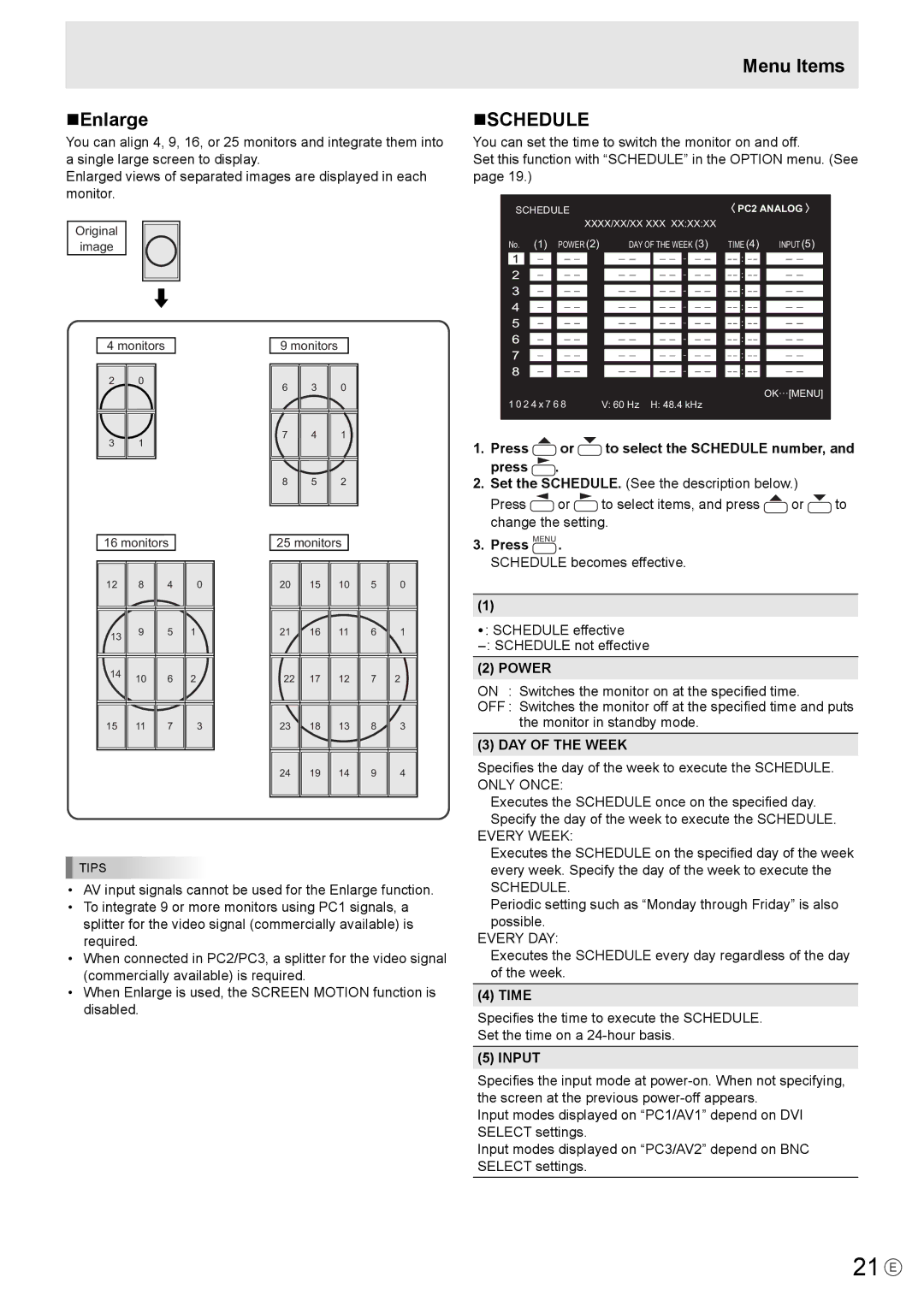 Mitsubishi Electronics LDT651P operation manual 21 E, NEnlarge, Menu Items NSCHEDULE 