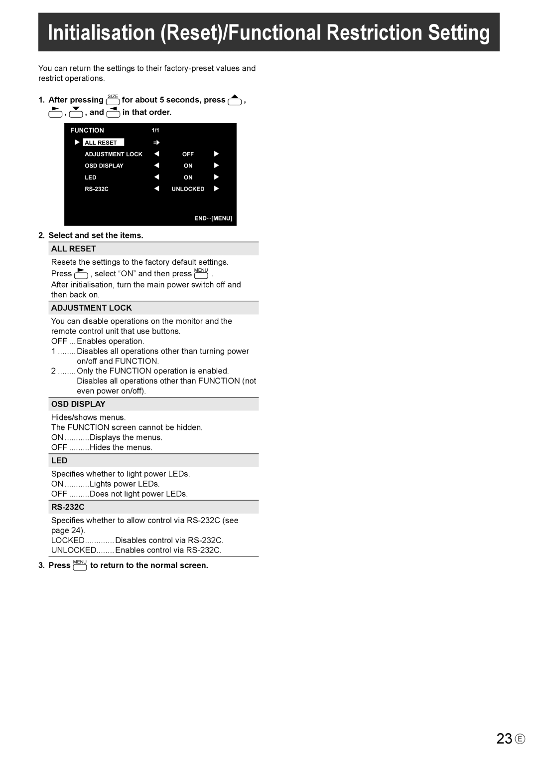 Mitsubishi Electronics LDT651P operation manual 23 E, Adjustment Lock, OSD Display, Led 