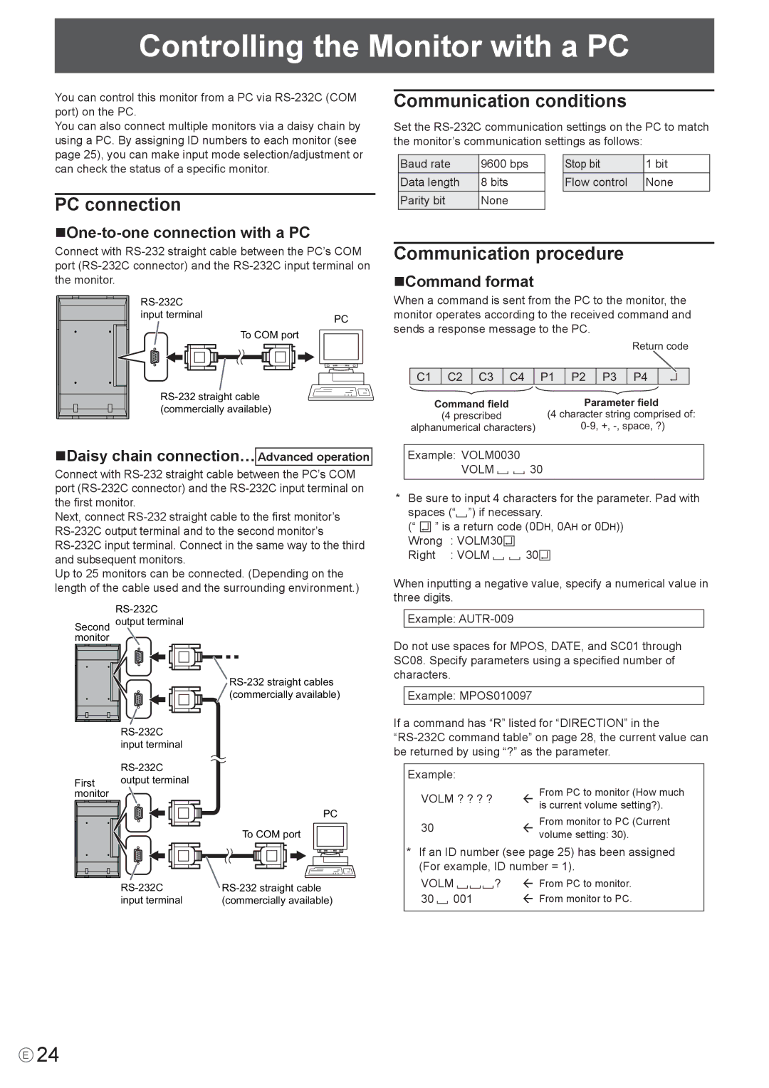 Mitsubishi Electronics LDT651P operation manual Controlling the Monitor with a PC, PC connection, Communication conditions 