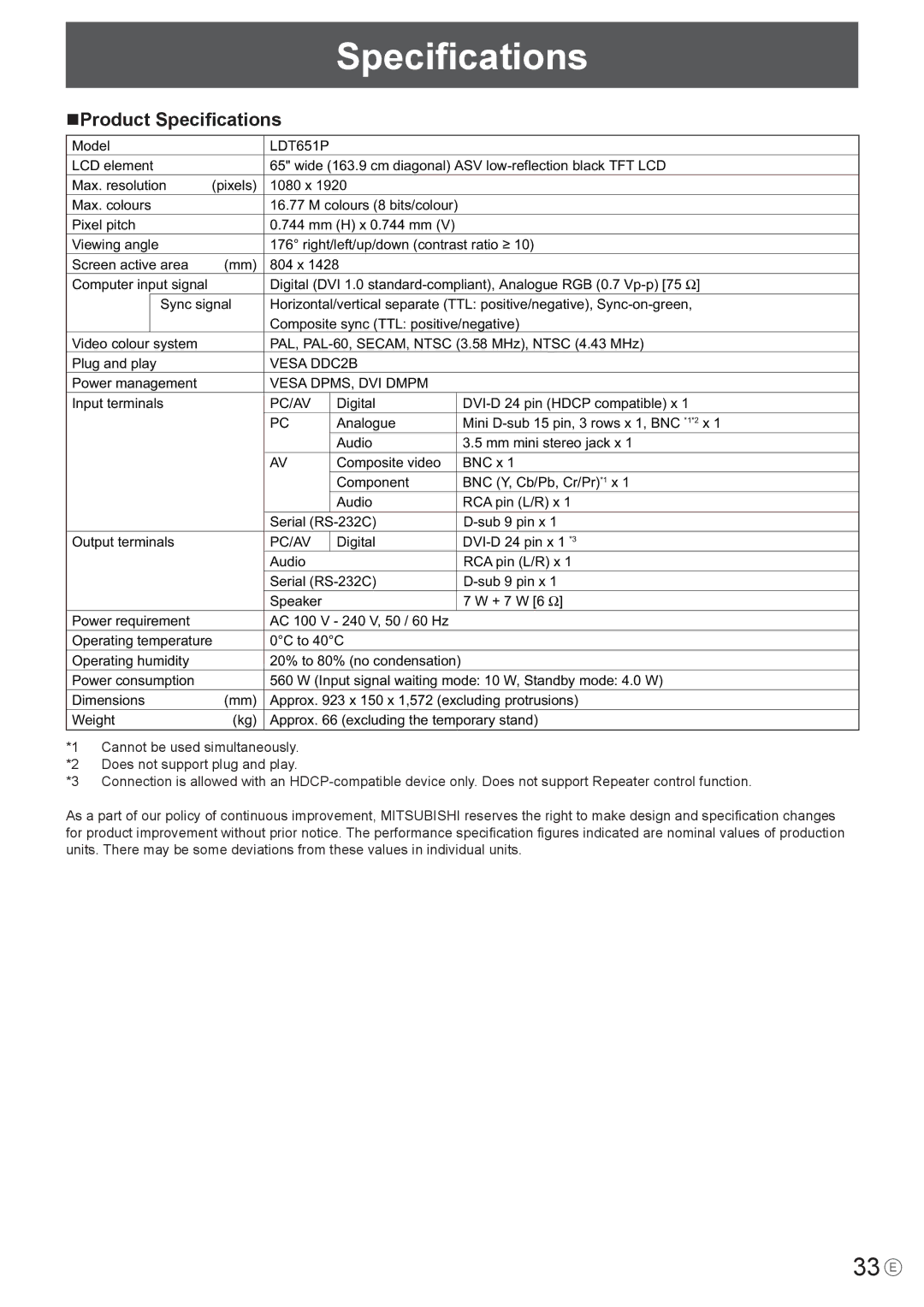 Mitsubishi Electronics LDT651P operation manual 33 E, NProduct Speciﬁcations 