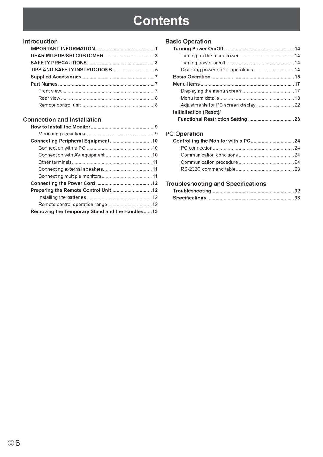 Mitsubishi Electronics LDT651P operation manual Contents 