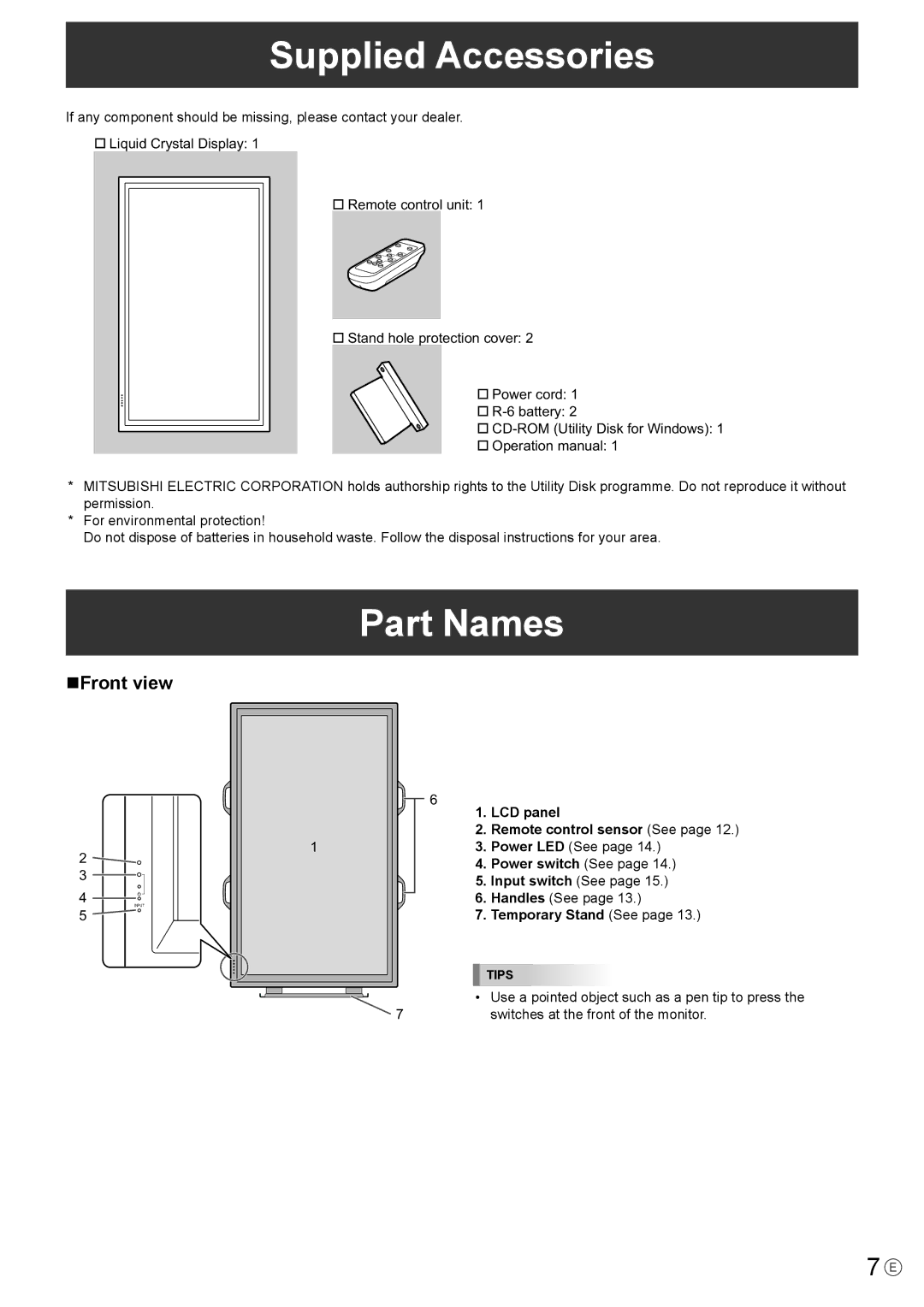 Mitsubishi Electronics LDT651P Supplied Accessories, Part Names, NFront view, LCD panel Remote control sensor See 