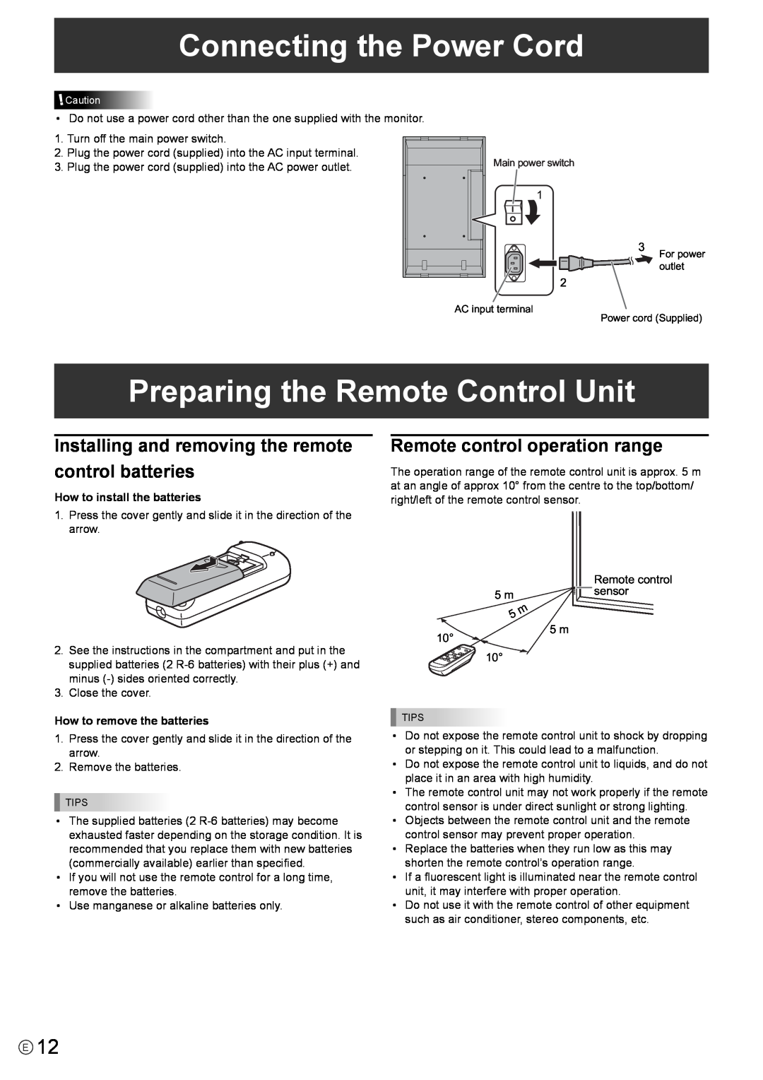 Mitsubishi Electronics LDT651P operation manual Connecting the Power Cord, Preparing the Remote Control Unit 