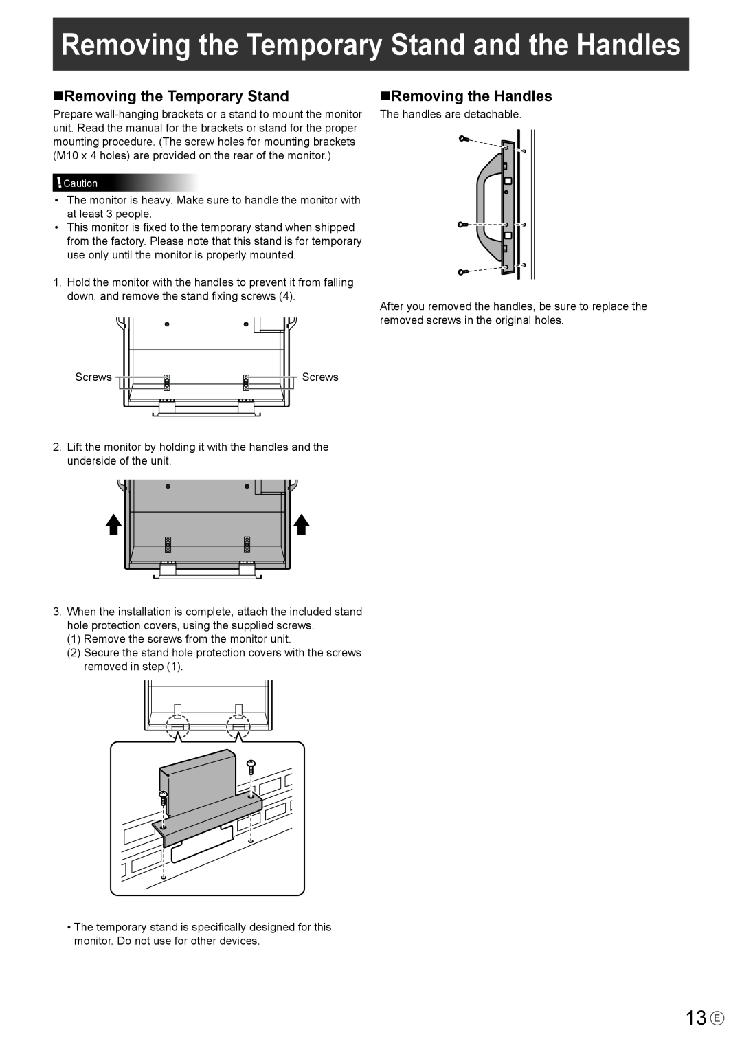 Mitsubishi Electronics LDT651P operation manual 13 E, nRemoving the Temporary Stand, nRemoving the Handles 