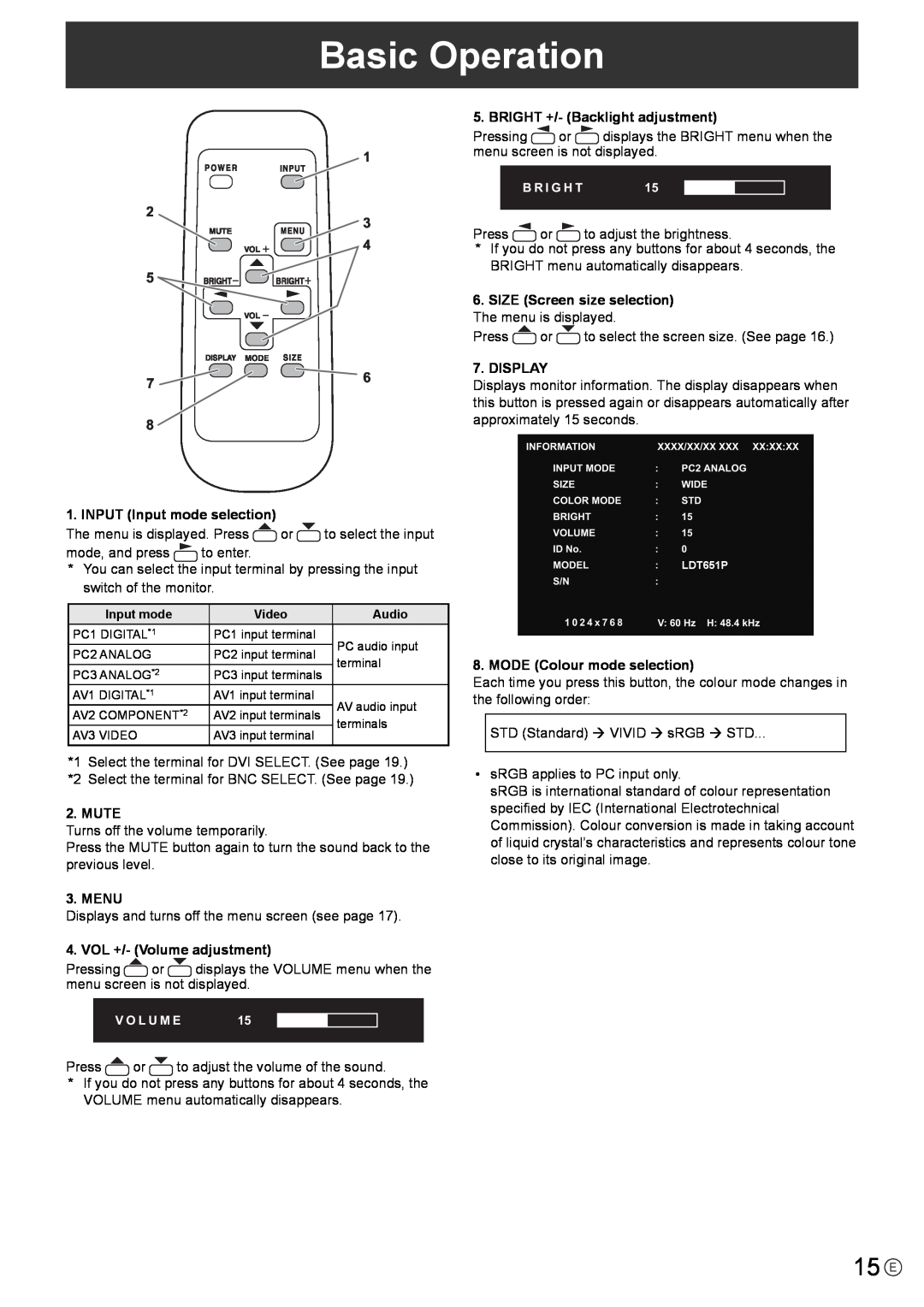 Mitsubishi Electronics LDT651P operation manual Basic Operation, 15 E 