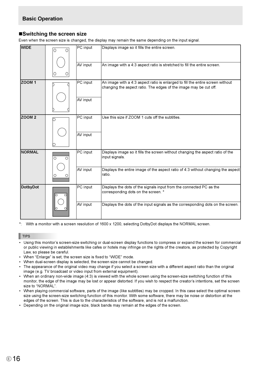 Mitsubishi Electronics LDT651P operation manual Basic Operation nSwitching the screen size, WIDE ZOOM ZOOM NORMAL DotbyDot 