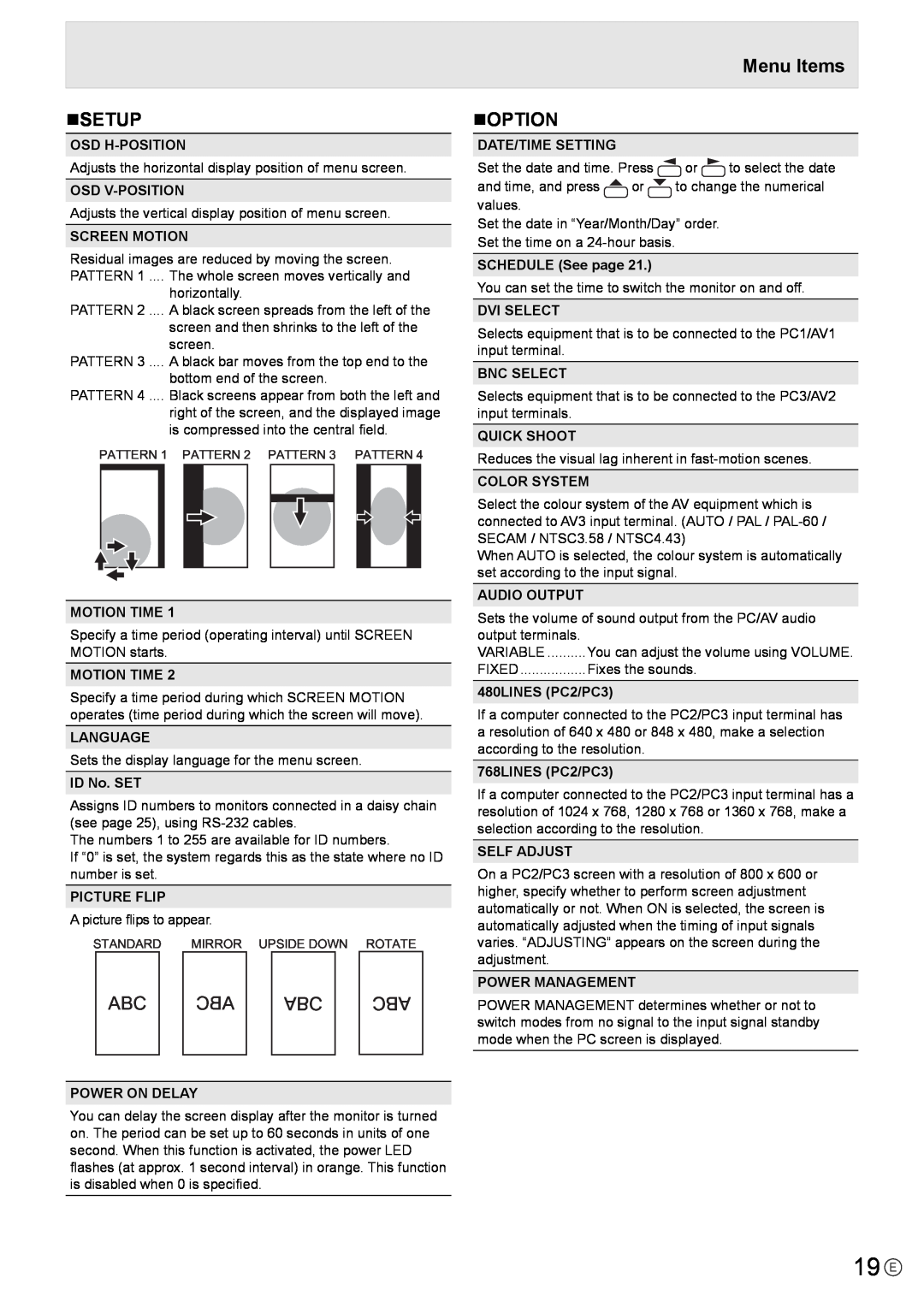 Mitsubishi Electronics LDT651P operation manual 19 E, nSETUP, Menu Items nOPTION 
