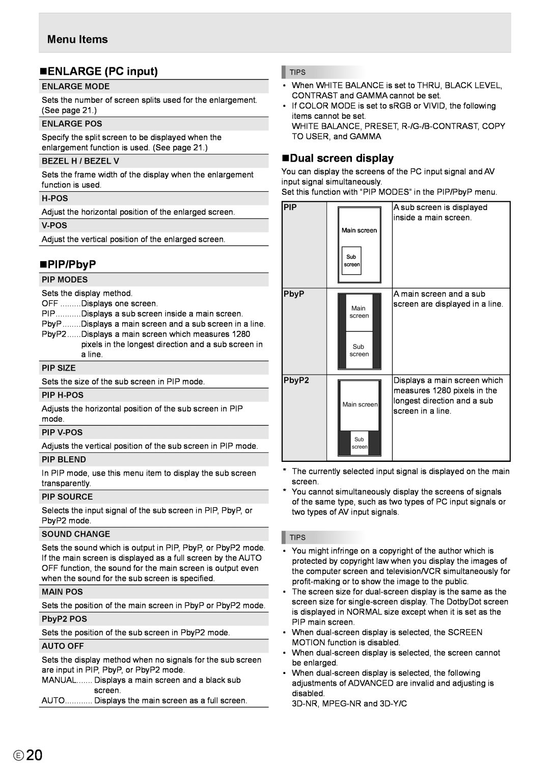 Mitsubishi Electronics LDT651P operation manual Menu Items nENLARGE PC input, nPIP/PbyP, nDual screen display 
