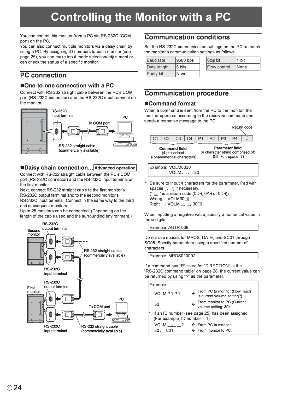 Mitsubishi Electronics LDT651P Controlling the Monitor with a PC, PC connection, Communication conditions, nCommand format 