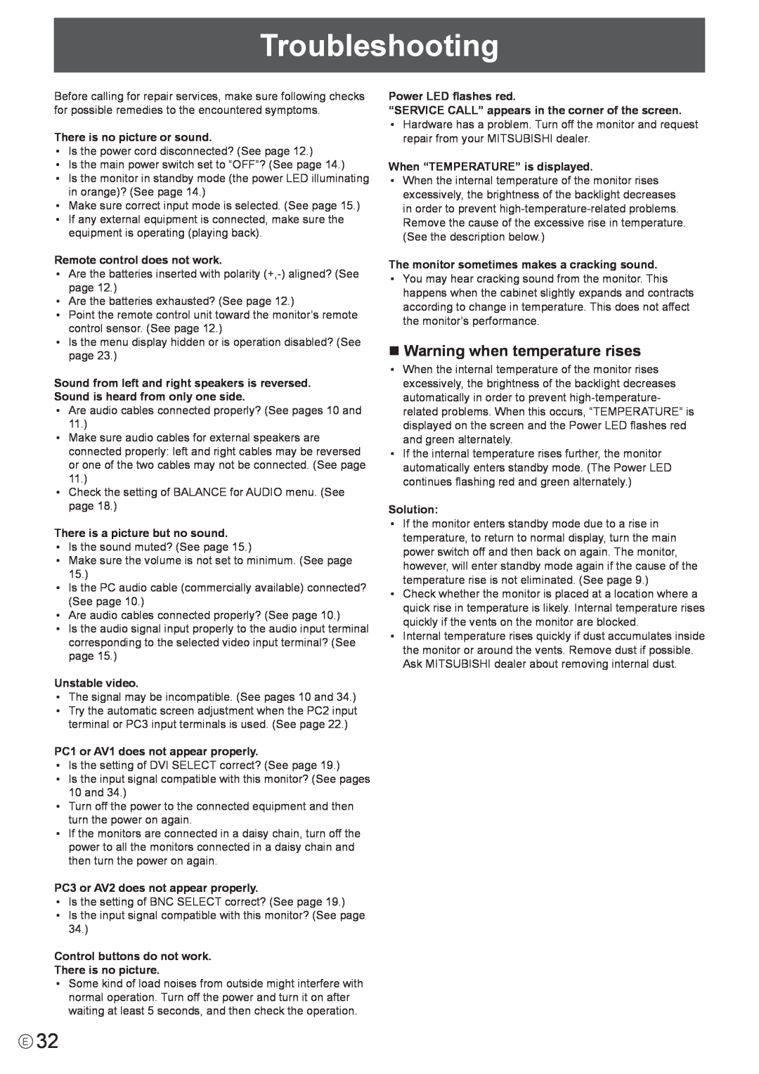 Mitsubishi Electronics LDT651P operation manual Troubleshooting, n Warning when temperature rises 