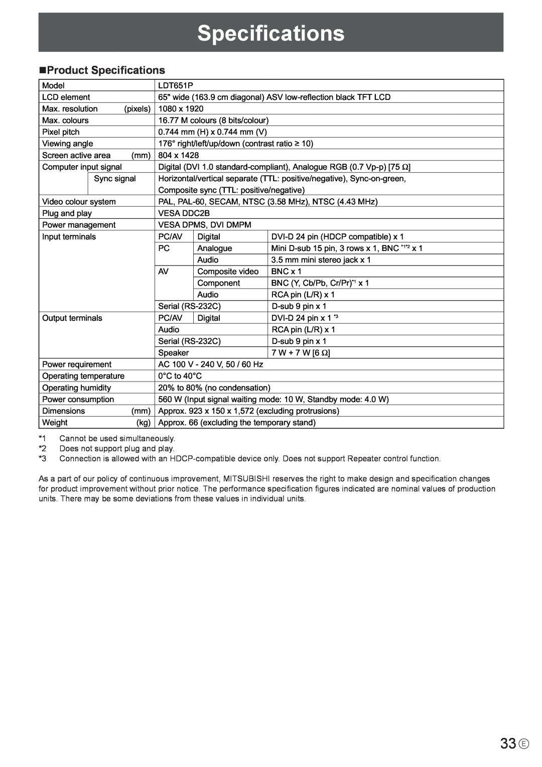 Mitsubishi Electronics LDT651P operation manual 33 E, nProduct Speciﬁcations 