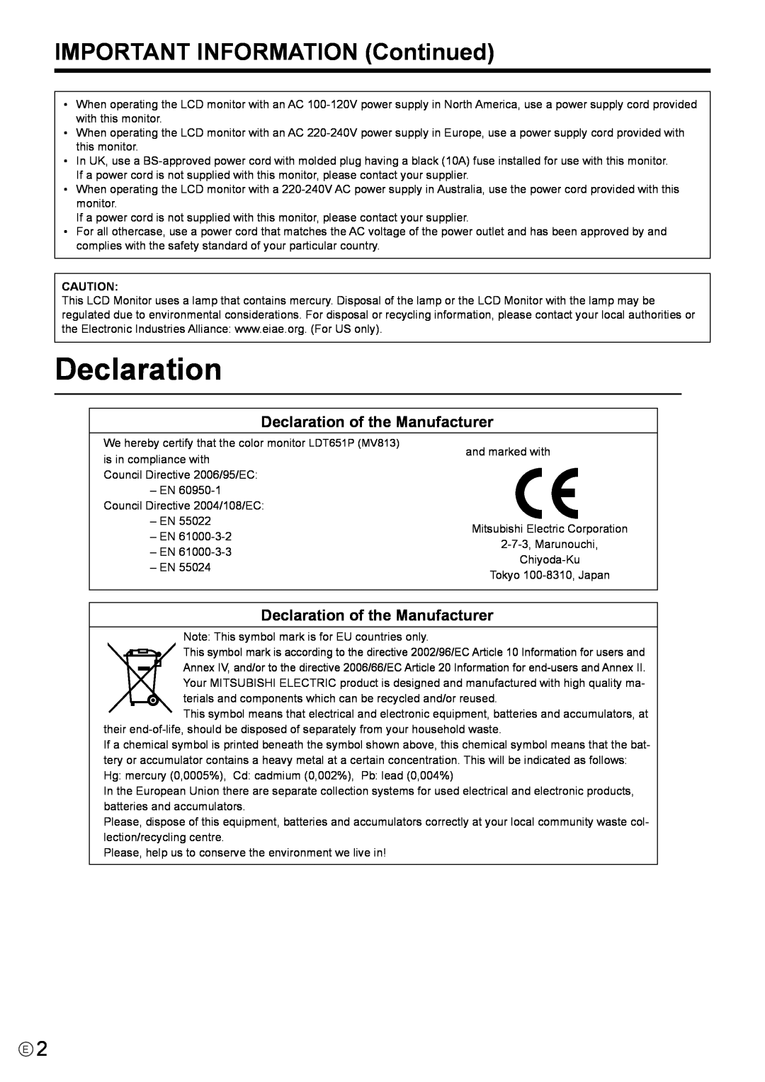 Mitsubishi Electronics LDT651P operation manual IMPORTANT INFORMATION Continued, Declaration of the Manufacturer 