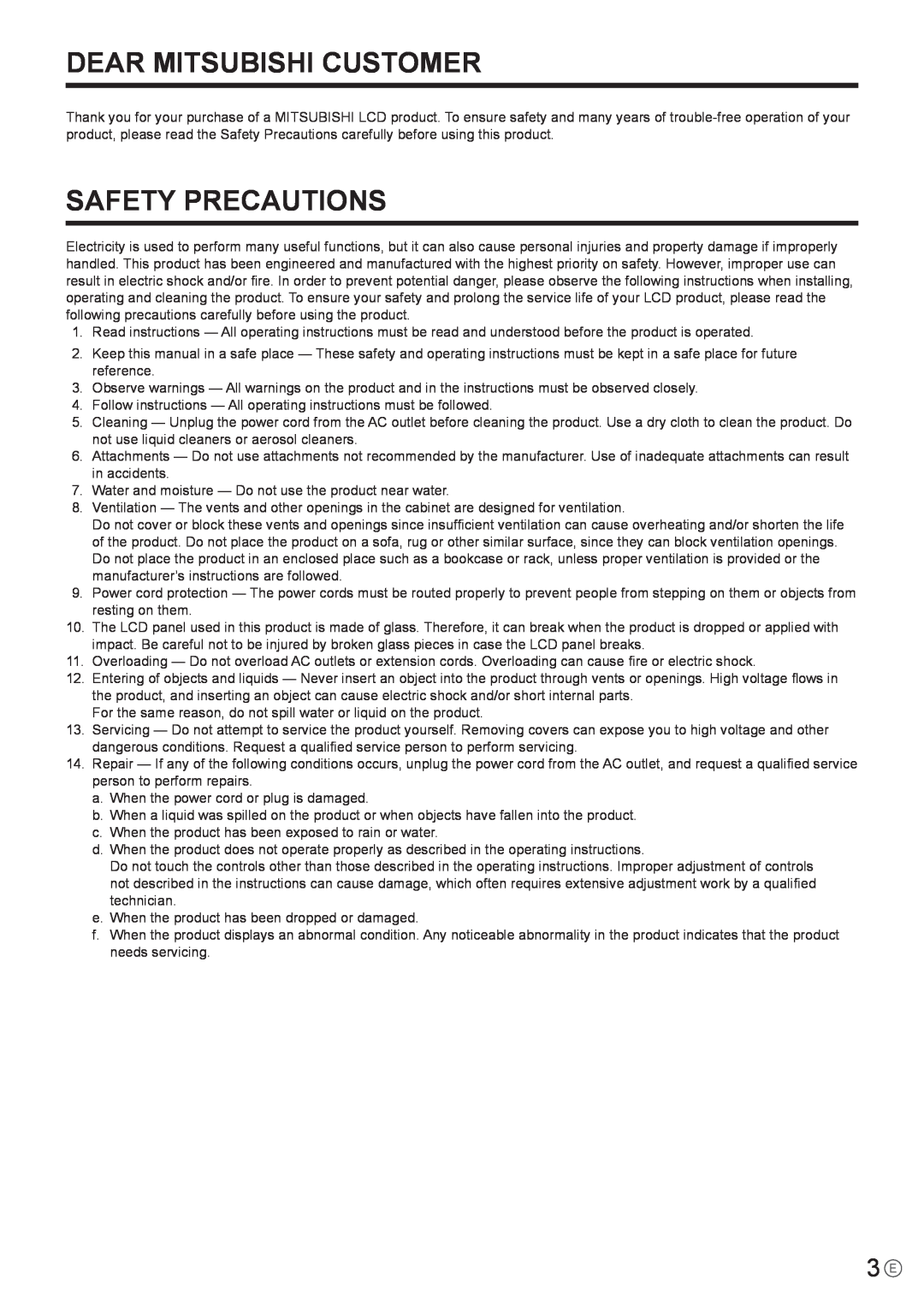 Mitsubishi Electronics LDT651P operation manual Dear Mitsubishi Customer, Safety Precautions 