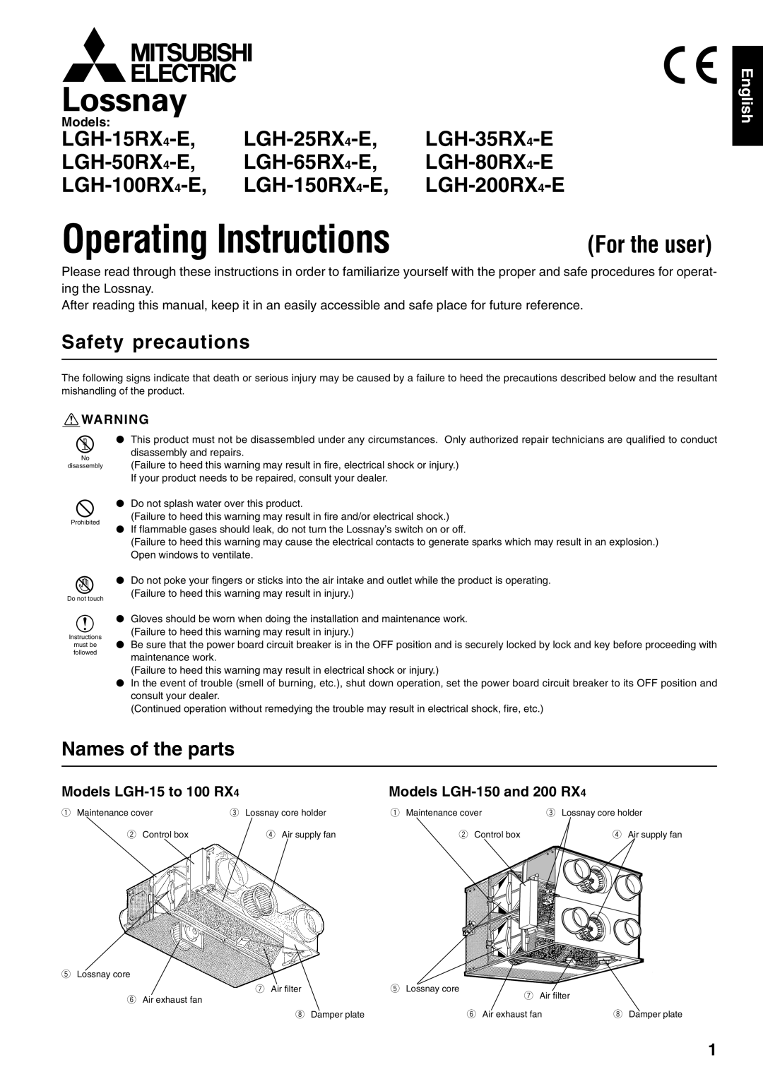 Mitsubishi Electronics LGH-35RX4-E, LGH-65RX4-E, LGH-80RX4-E manual For the user, Safety precautions, Names of the parts 