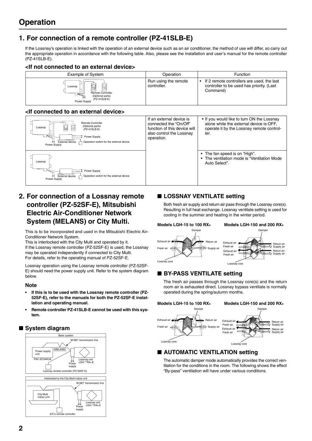 Mitsubishi Electronics LGH-80RX4-E, LGH-65RX4-E, LGH-35RX4-E Operation, For connection of a remote controller PZ-41SLB-E 