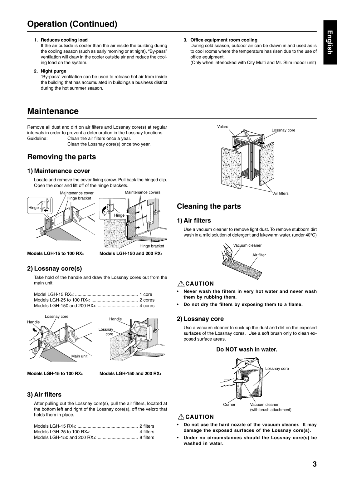 Mitsubishi Electronics LGH-50RX4-E, LGH-65RX4-E, LGH-35RX4-E manual Maintenance, Removing the parts, Cleaning the parts 