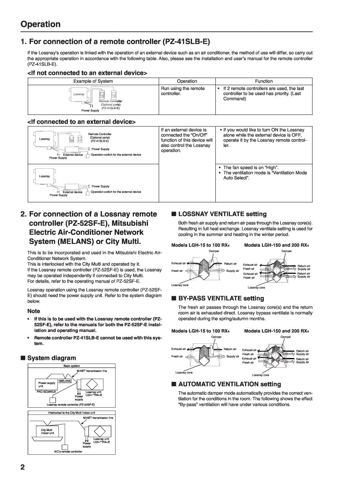 Mitsubishi Electronics LGH-80RX4-E manual Operation, For connection of a remote controller PZ-41SLB-E, System diagram 