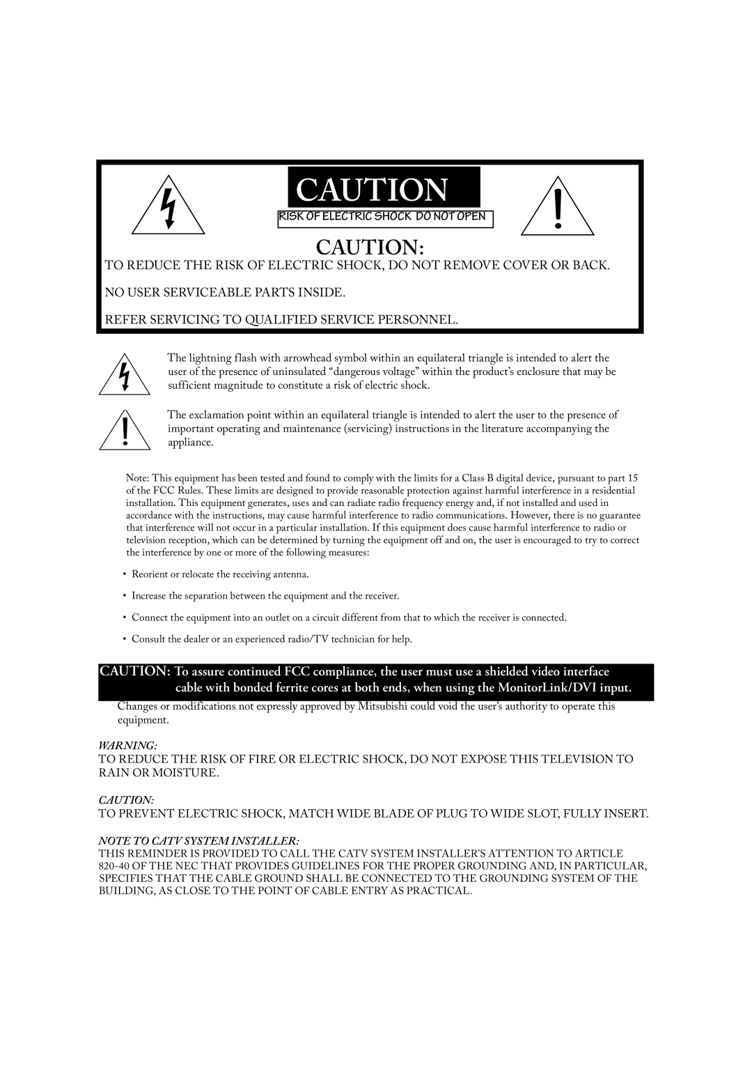 Mitsubishi Electronics LT-2220, LT-3020 manual Risk of Electric Shock do not Open 