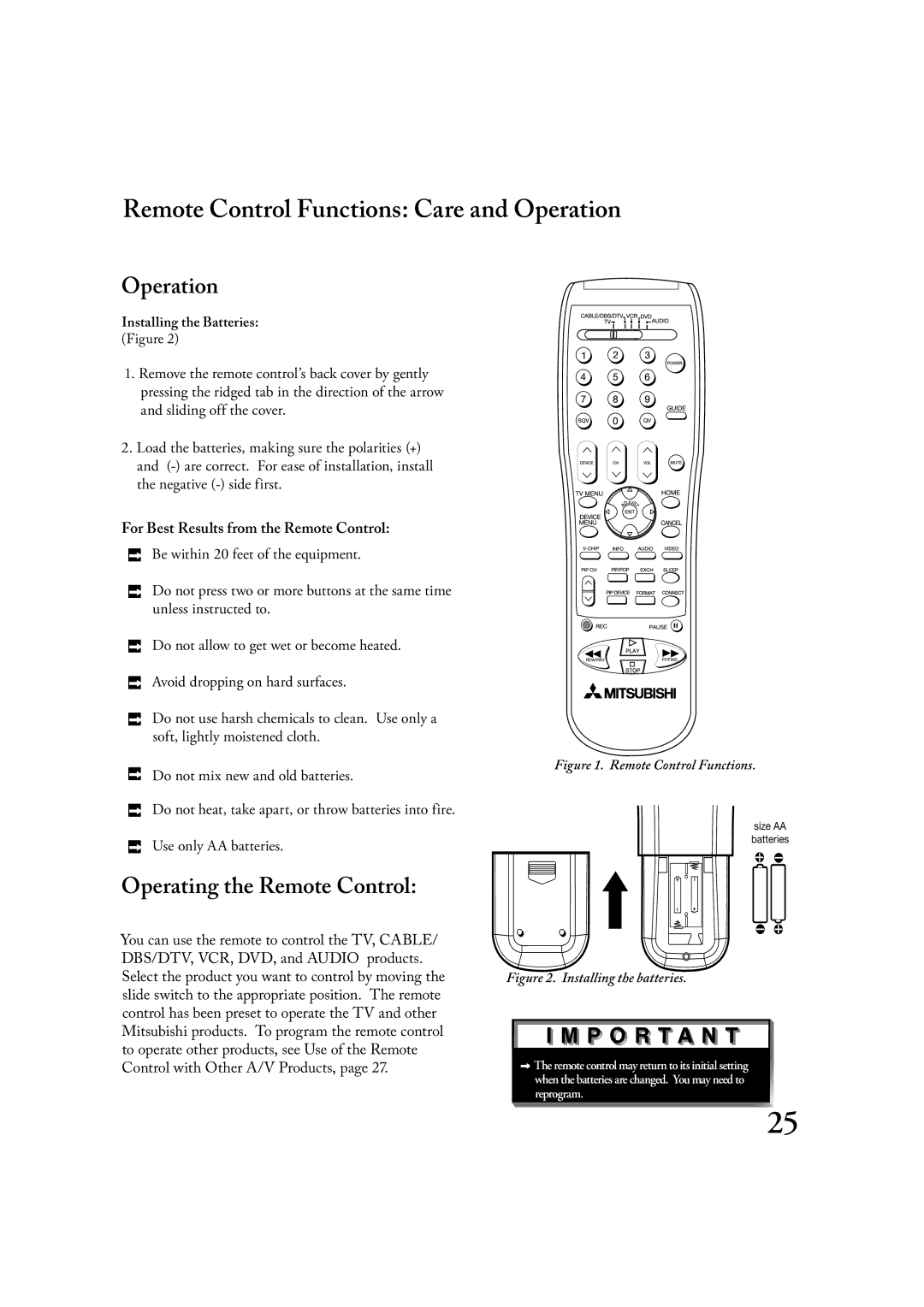 Mitsubishi Electronics LT-3020, LT-2220 manual Remote Control Functions Care and Operation, Operating the Remote Control 