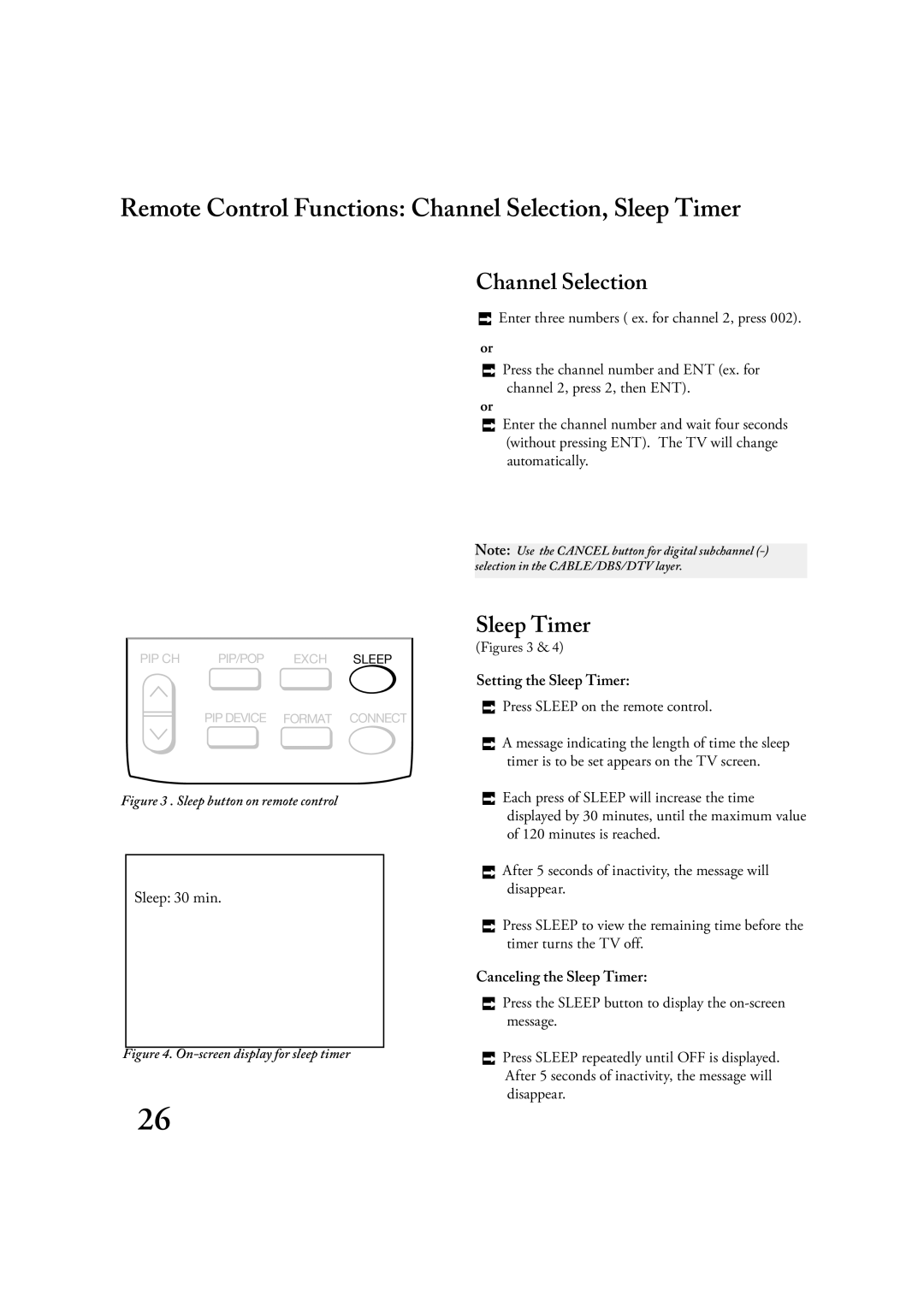 Mitsubishi Electronics LT-2220, LT-3020 Remote Control Functions Channel Selection, Sleep Timer, Setting the Sleep Timer 