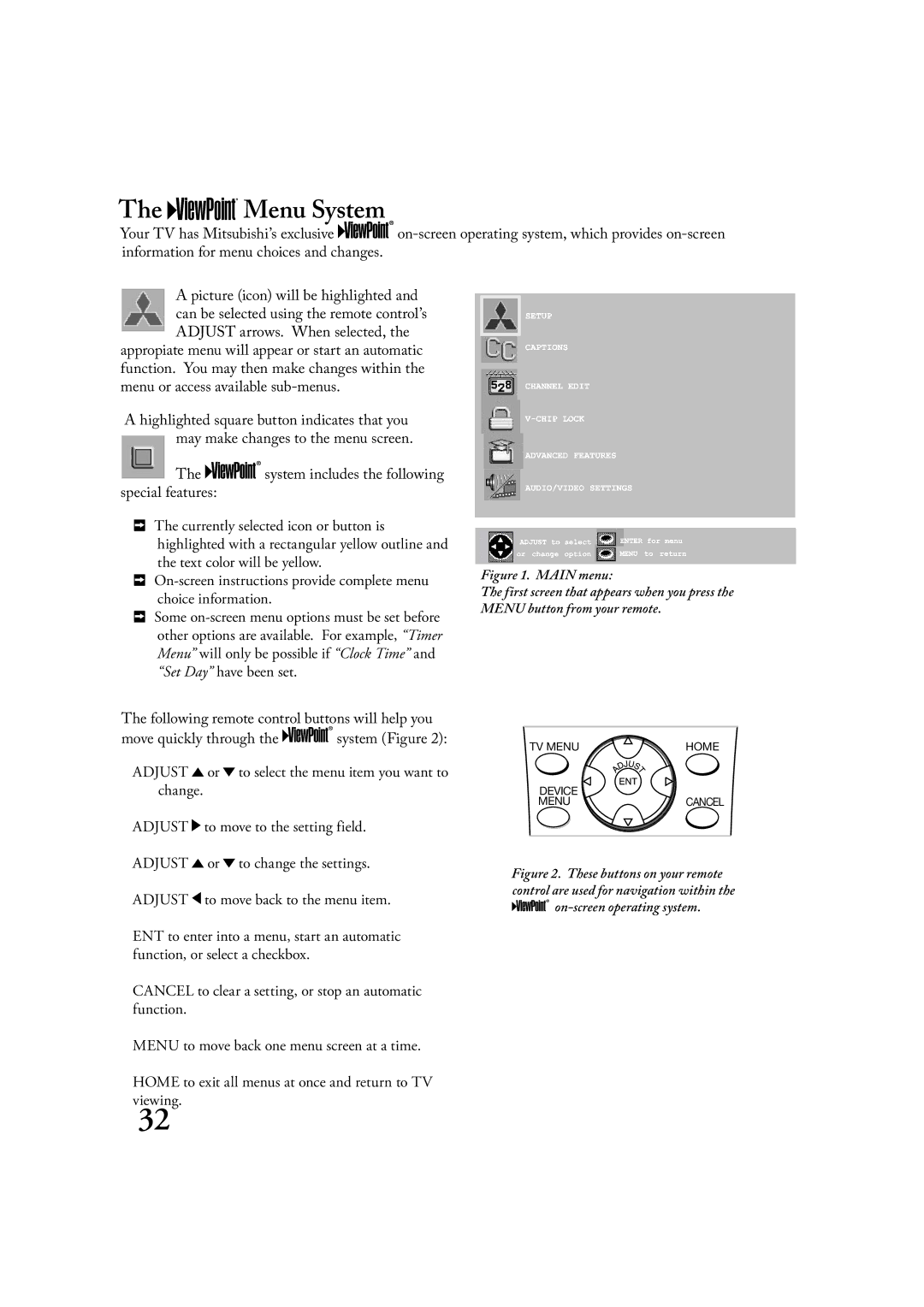 Mitsubishi Electronics LT-2220, LT-3020 manual Menu System, Main menu 