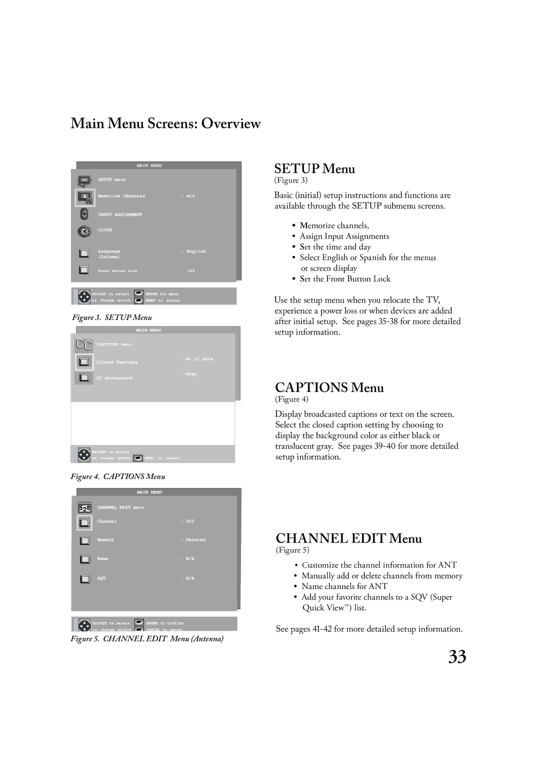 Mitsubishi Electronics LT-3020, LT-2220 manual Main Menu Screens Overview, Setup Menu, Captions Menu, Channel Edit Menu 