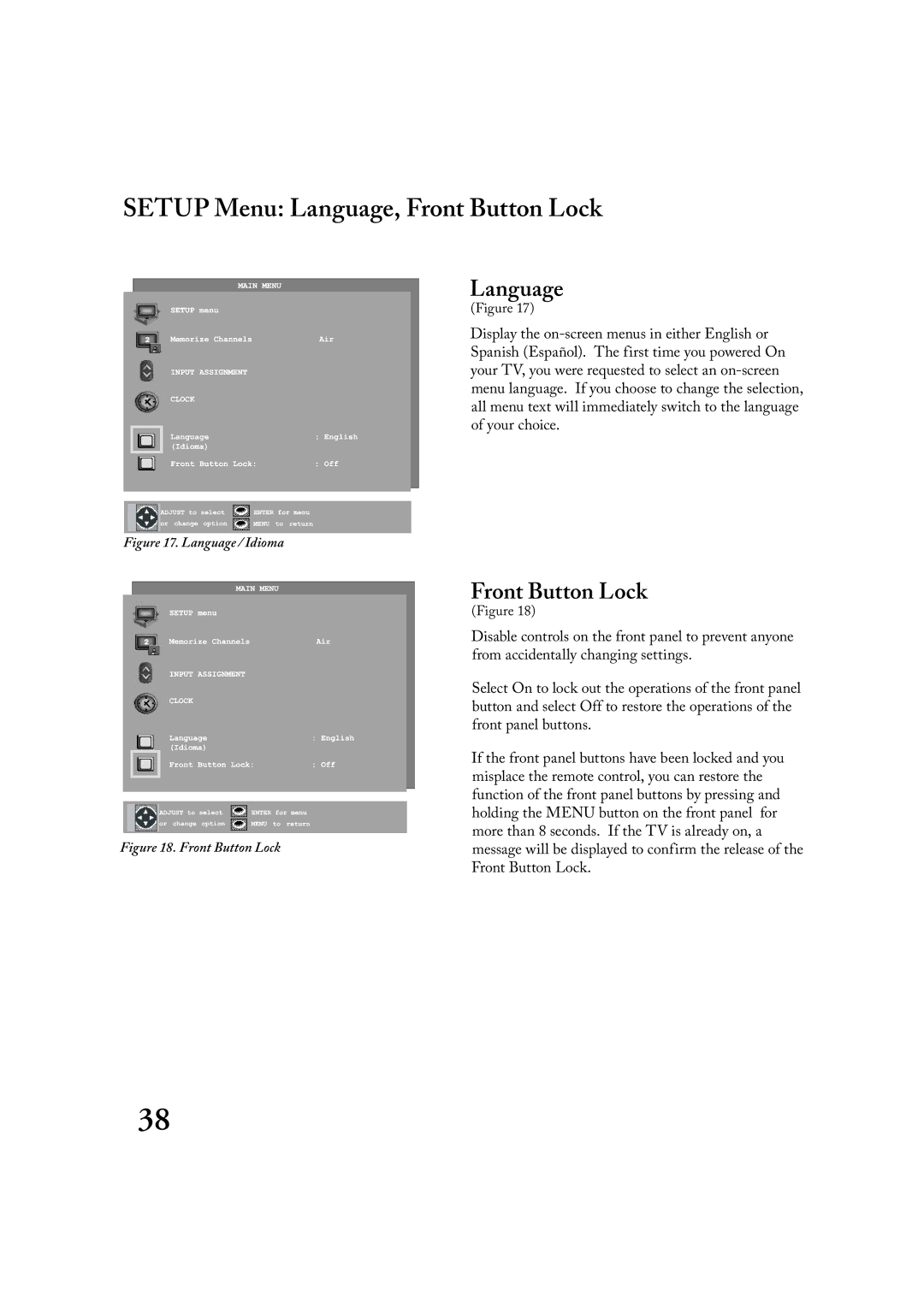 Mitsubishi Electronics LT-2220, LT-3020 manual Setup Menu Language, Front Button Lock 