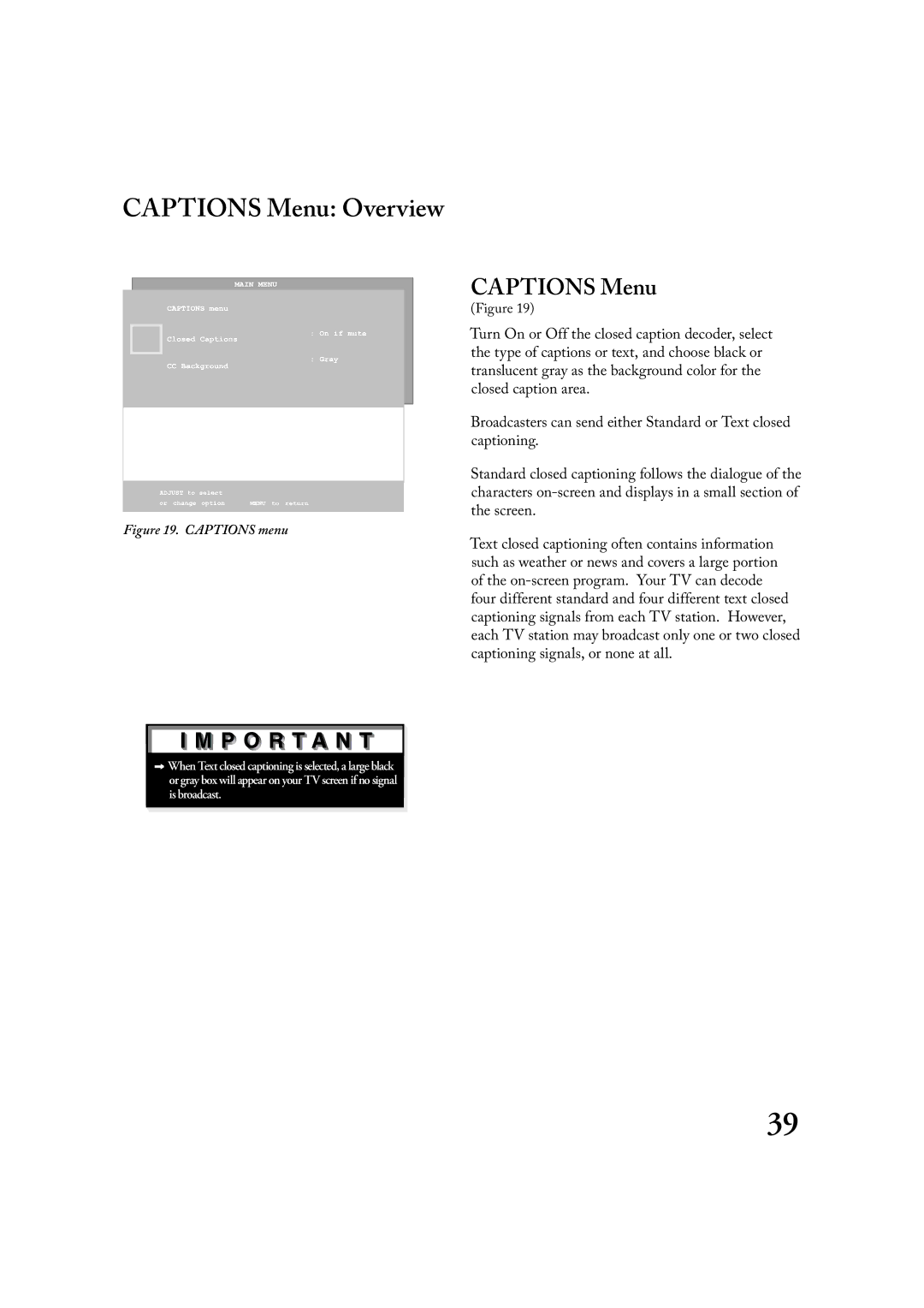 Mitsubishi Electronics LT-3020, LT-2220 manual Captions Menu Overview 